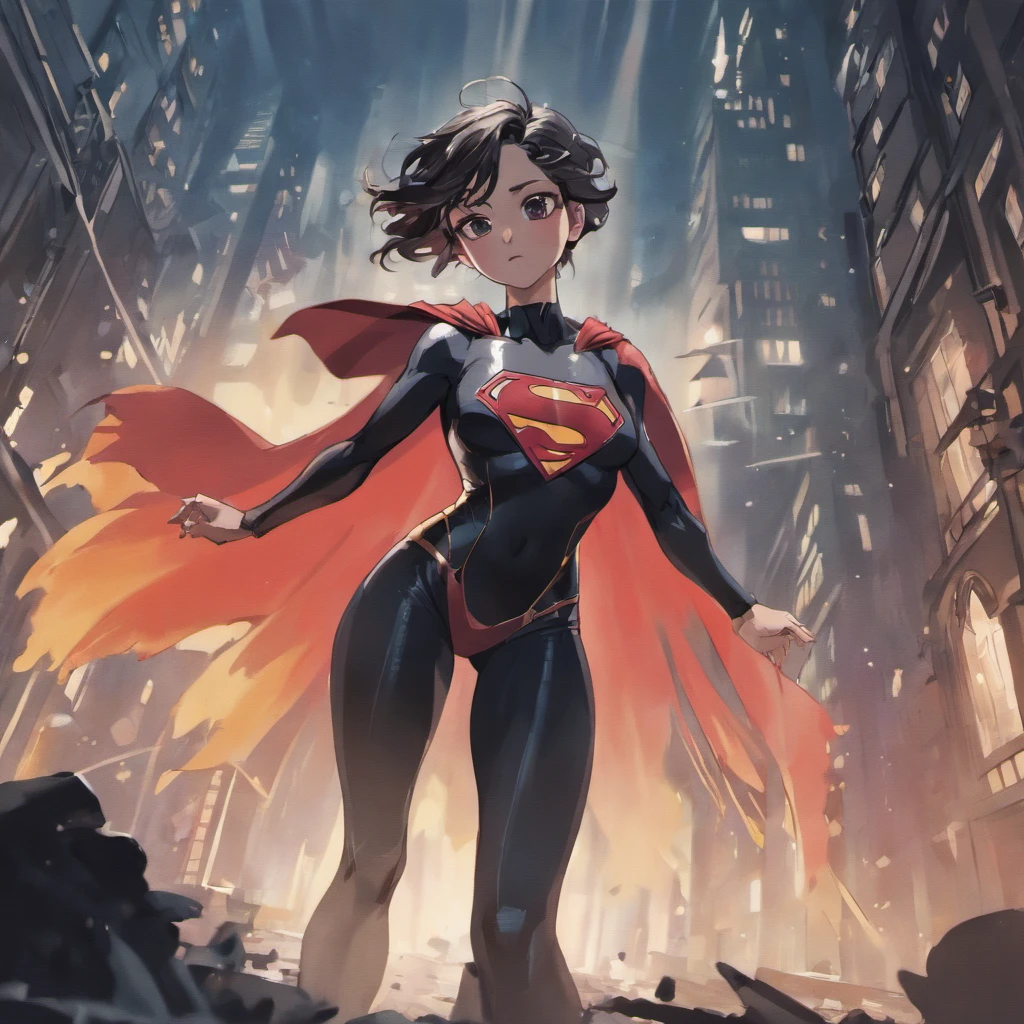action shots of  M1lly4c0k2222 ((wearing a sexier revealing black and silver version of the evil superman suit man of steel)), large breasts, toned body, (explosions in the background a city in ruins), Style-BladeRunner2049-8v Intricate, High Detail, Sharp focus, dramatic, ((photorealistic))