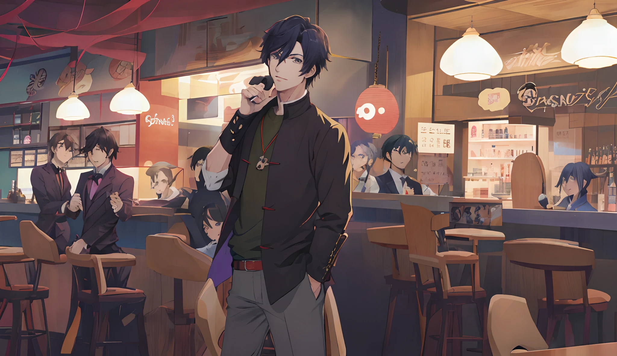 Anime - a stylish image of a man holding a microphone in a bar, Guviz-style artwork, Handsome anime pose, Anime handsome man, Kawasi, Guviz, Inspired by Bian Shoumin, Inspired by Song Maojin, handsome guy in demon killer art, by Yang J, Keqing from Genshin Impact, anime moe art style