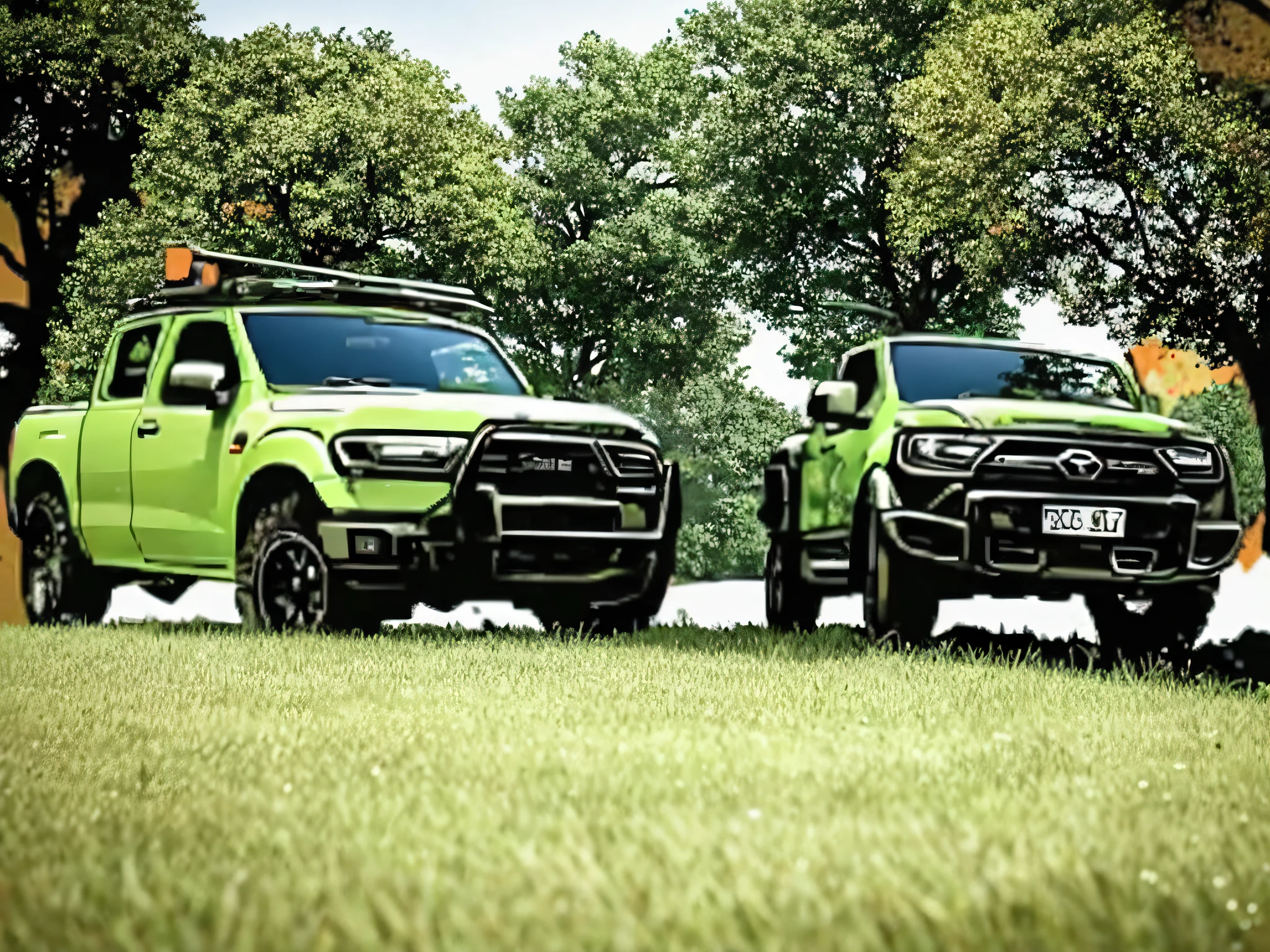 Two cars parked on the grass，Trees in the background, front side views full, Sturdy Ranger, shot on iphone, pristine and clean, frontage, front footage, frontage, front profile shot, author：Lee Loveridge, front side full, not cropped, very low angle, taken on iphone 14 pro, medium wide front shot, front and side views