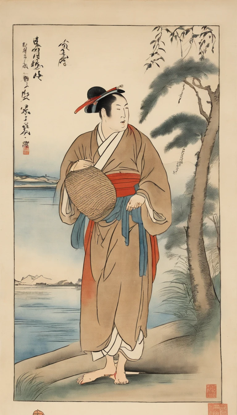 without background、simple background、Best Quality, Kitagawa Utamaro's style, ukiyoe painting, Man carrying small ship toy in palm,