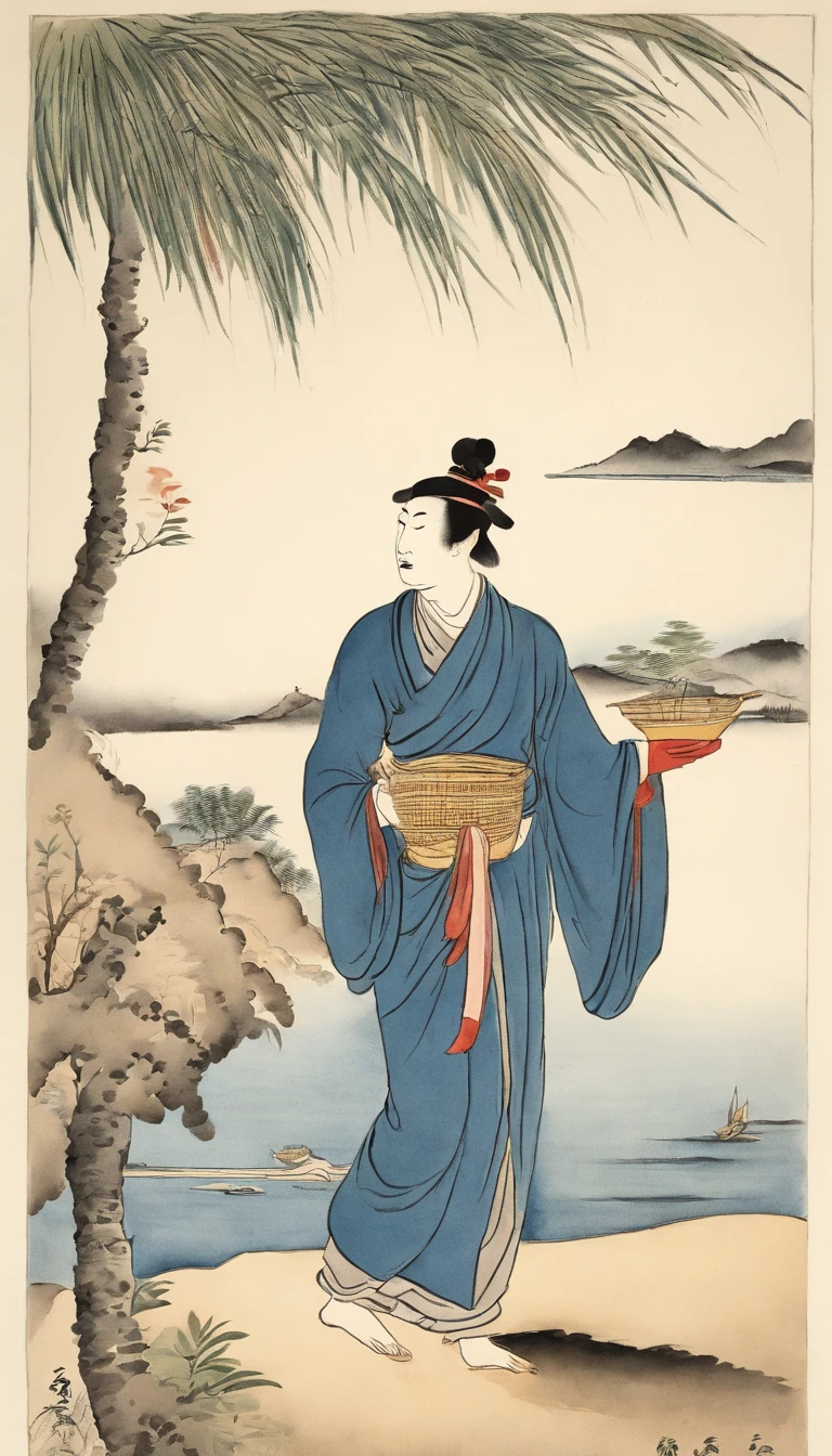 without background、simple background、Best Quality, Kitagawa Utamaro's style, ukiyoe painting, Man carrying small ship toy in palm,
