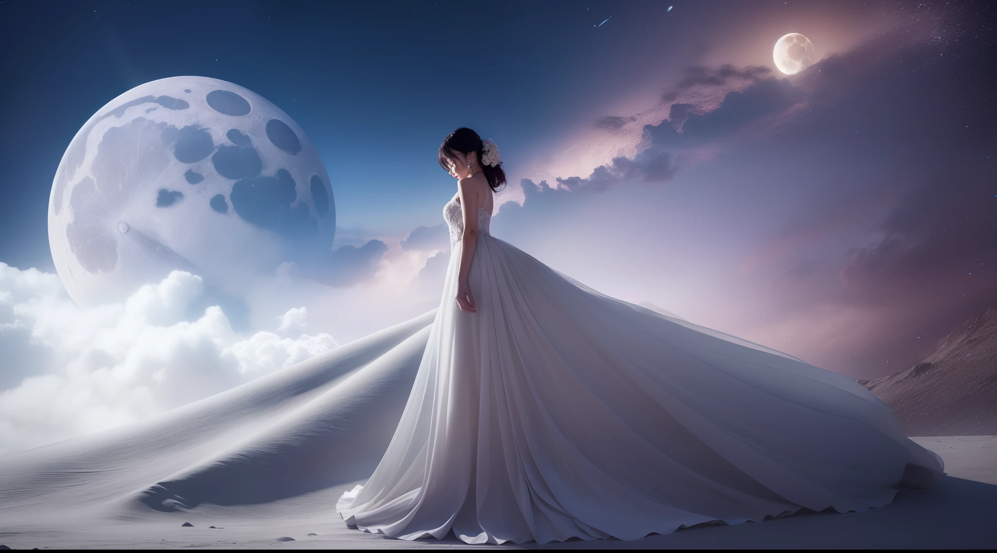 girl with, 独奏, wear elegant dresses, Stand on the Moon, (Photorealsitic: 1.4), top-quality, ​masterpiece, ultra-detailliert, lighting like a movie