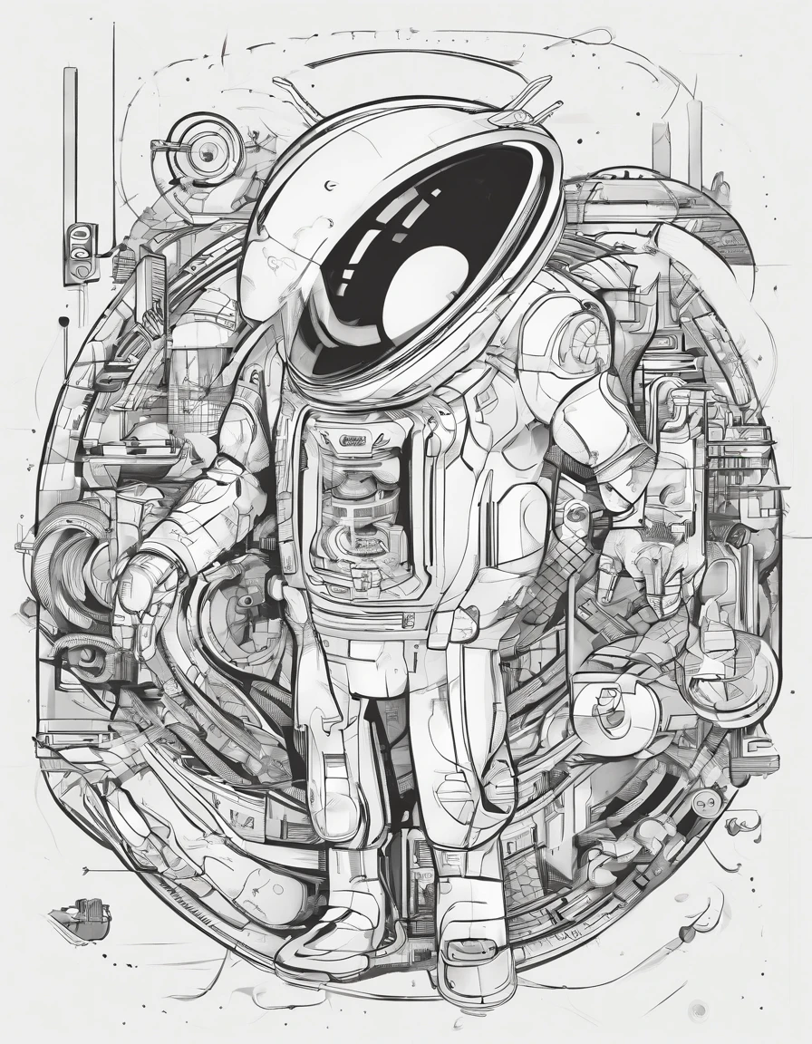 Futuristic man with a cartoon touch in the middle、Take advantage of the margins of the screen to place designer jumbled machines and mechanical objects around the person。Make each line clear so that it is easy to clear later
・ Color is black and white grayscale、In a cartoonish style to clarify the lines