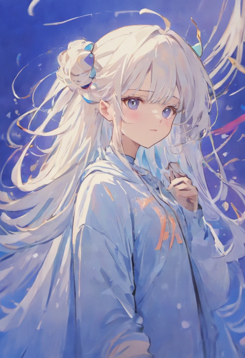 Anime girl with long white hair and headphones in front of blue background, White-haired god, Digital anime art!!, Perfect white haired girl, white haired Cangcang, Girl with white hair, (Anime girl), Smooth anime CG art, Official artwork, Beautiful Anime High School Girls, White-haired, Beautiful anime artwork, Cute anime girl, Anime moe art style, anime best girl