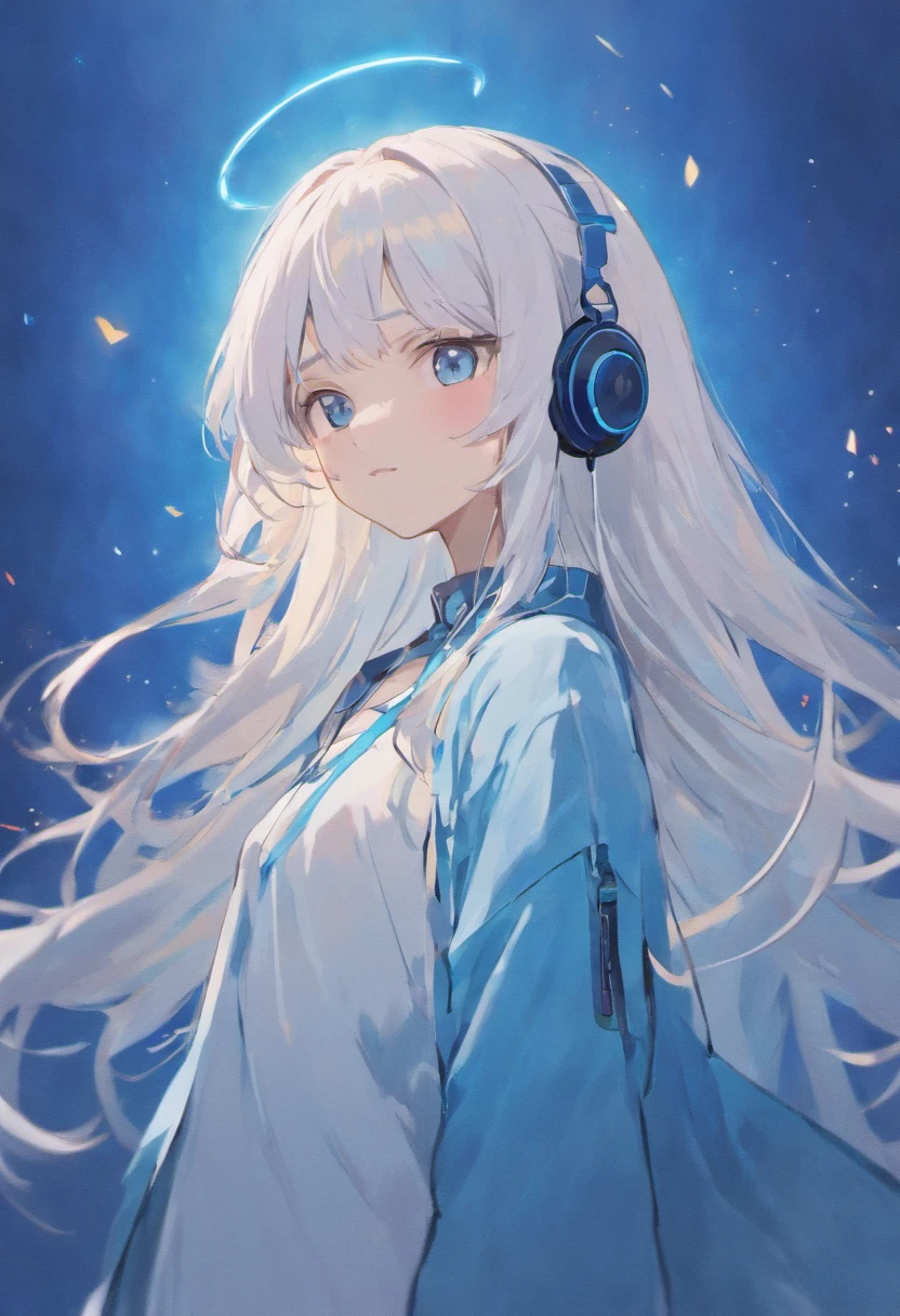 Anime girl with long white hair and headphones in front of blue background, White-haired god, Digital anime art!!, Perfect white haired girl, white haired Cangcang, Girl with white hair, (Anime girl), Smooth anime CG art, Official artwork, Beautiful Anime High School Girls, White-haired, Beautiful anime artwork, Cute anime girl, Anime moe art style, anime best girl