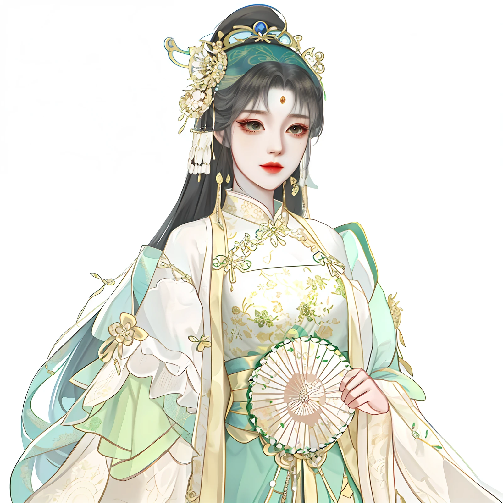 Anime woman wearing green and yellow dress,Take a fan, a beautiful fantasy empress, ((a beautiful fantasy empress)), Princesa chinesa antiga, Palace , A girl in Hanfu, full-body xianxia, Inspired by Lan Ying, heise jinyao, Inspired by Qiu Ying, inspired by Ma Yuanyu, inspired by Li Mei-shu