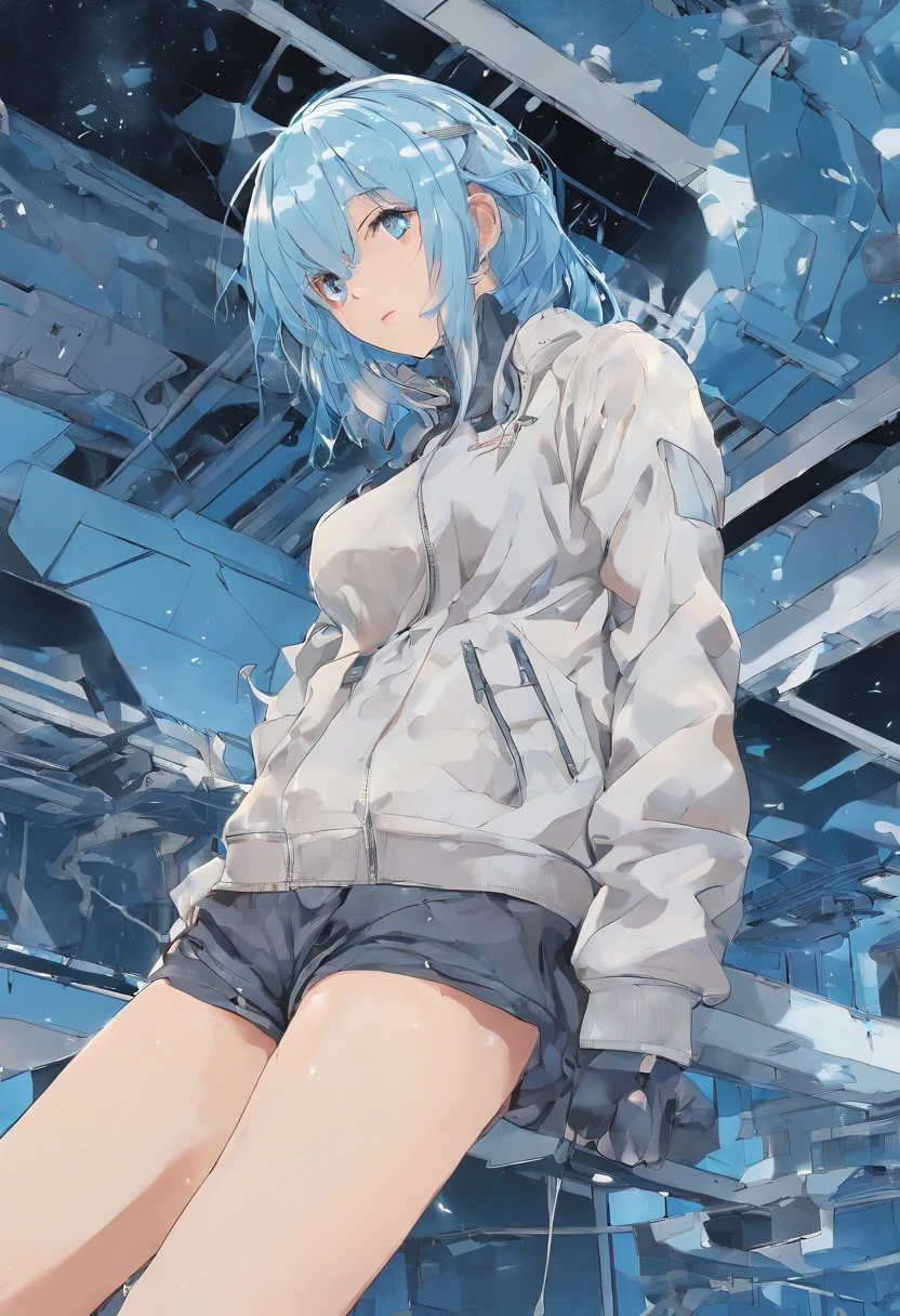 Ark of Tomorrow,a beauty girl,The figure stands on the roof,Long blue hair blown up by the wind,Wear overcoat shorts,There are black leg loops on the legs,Blue eyes,Look down at the camera in your hand,Low saturation,The viewing angle is heads-up,A scene seen from a distance,A little wasteland,Extremely high level of detail,Rich in detail