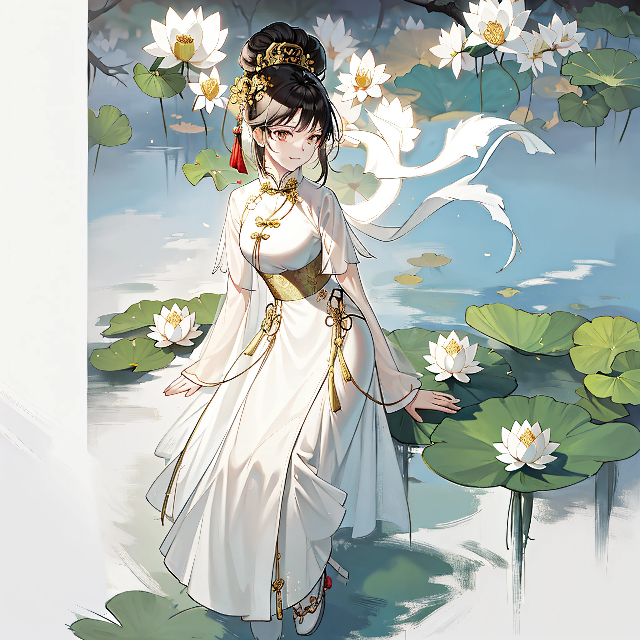 Chinese woman in white dress sitting on a rock by a lotus pond holding a fan,The traditional Chinese costume is white cheongsam、The round fan in the left hand，The skin is white and smooth，In the background is a cluster of green lotus leaves