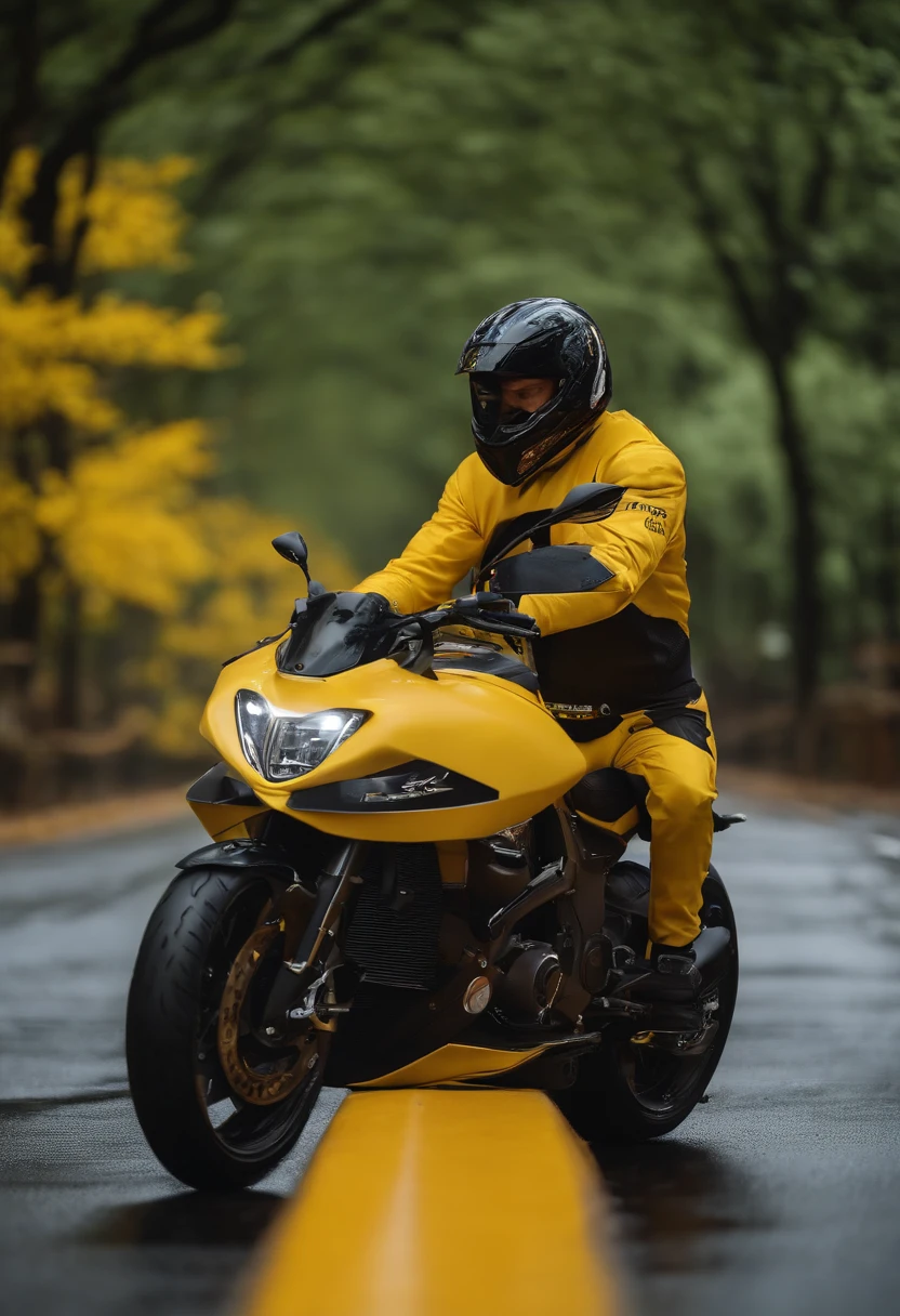 Kung Fu Rabbit rides a Wuji 525R motorcycle，Motorcycle yellow print，k hd，realisticlying，