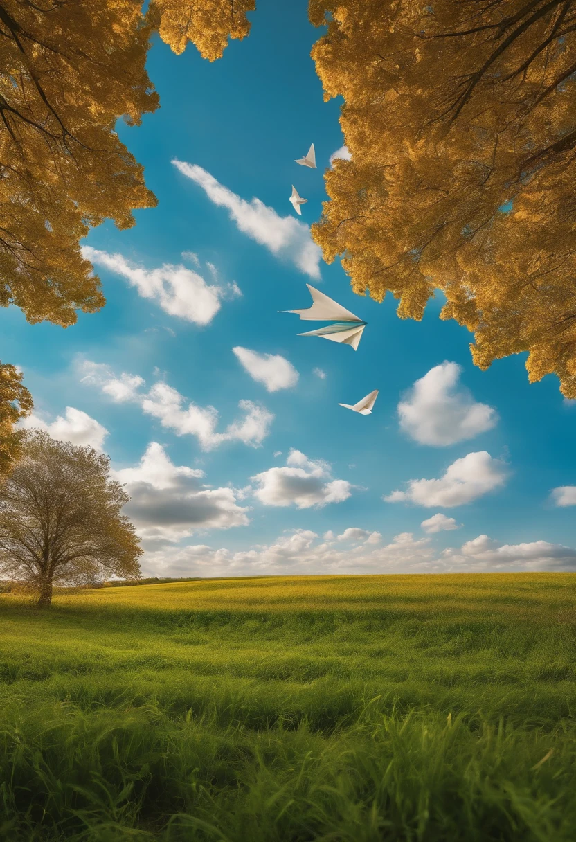 field,grassy fields,JK Maiden,Throw paper airplanes,with blue sky and white clouds