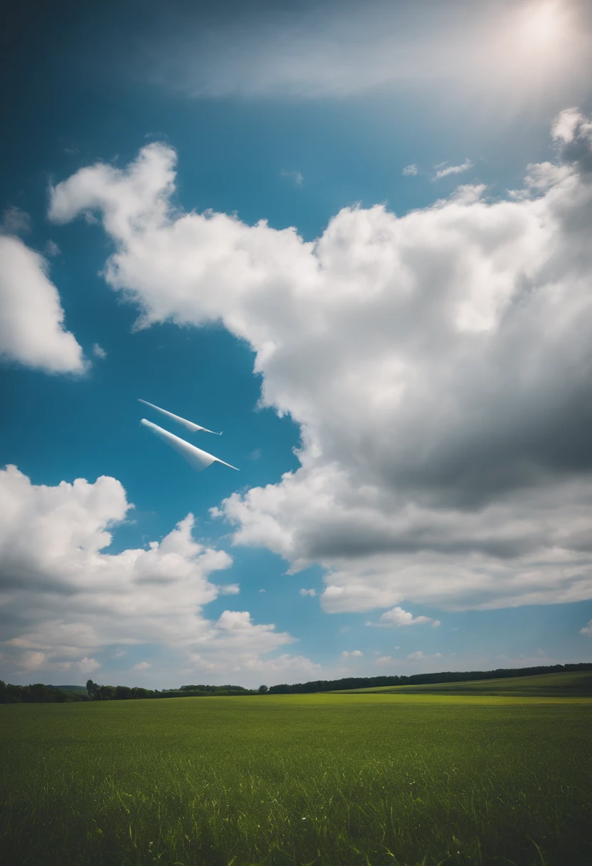 field，grassy fields，JK Maiden，Throw paper airplanes，with blue sky and white clouds