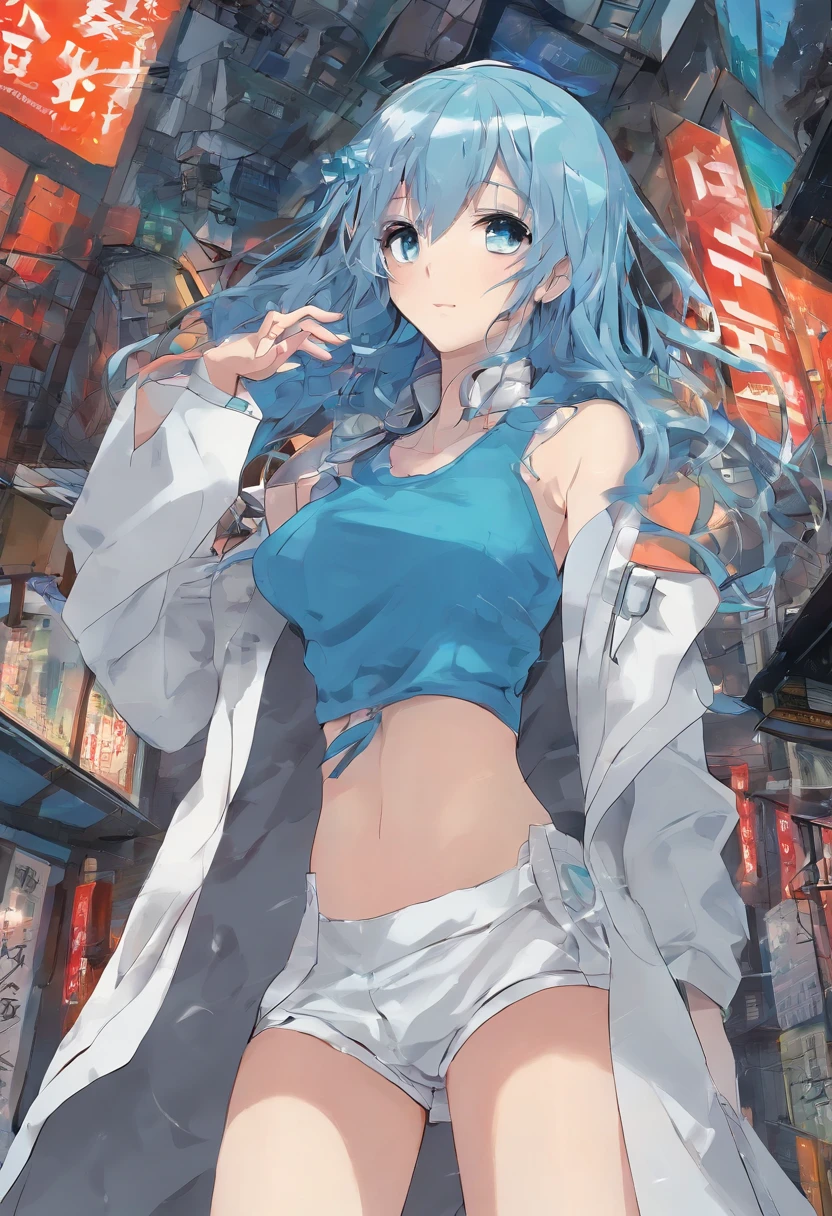 masterpiece,1 girl elementary school student,alone,long hair,light blue hair,hoodie,off shoulder:1.2, mob cap, street,put your hand on your waist,naked pussy tits naked nipples