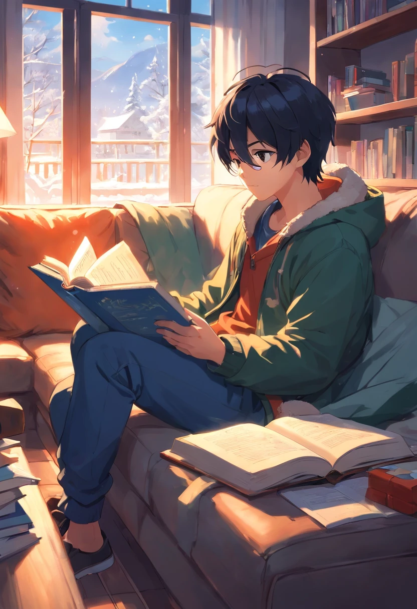 boy, 20 years old, black hair, winter clothes, sitting on sofa, reading, warm, indoors, winter