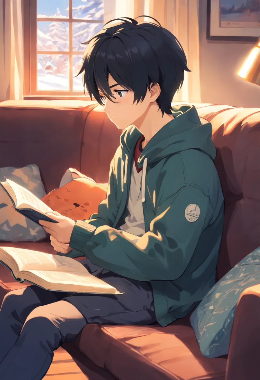 boy, 20 years old, black hair, winter clothes, sitting on sofa, reading, warm, indoors, winter