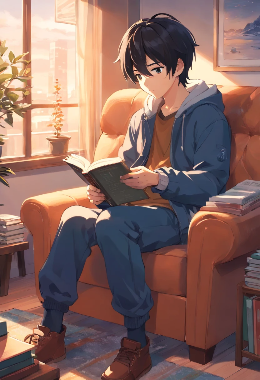 boy, 20 years old, black hair, winter clothes, sitting on sofa, reading, warm, indoors, winter