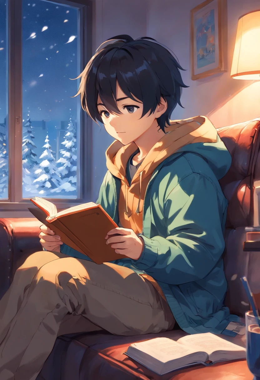 boy, 20 years old, black hair, winter clothes, sitting on sofa, reading, warm, indoors, winter
