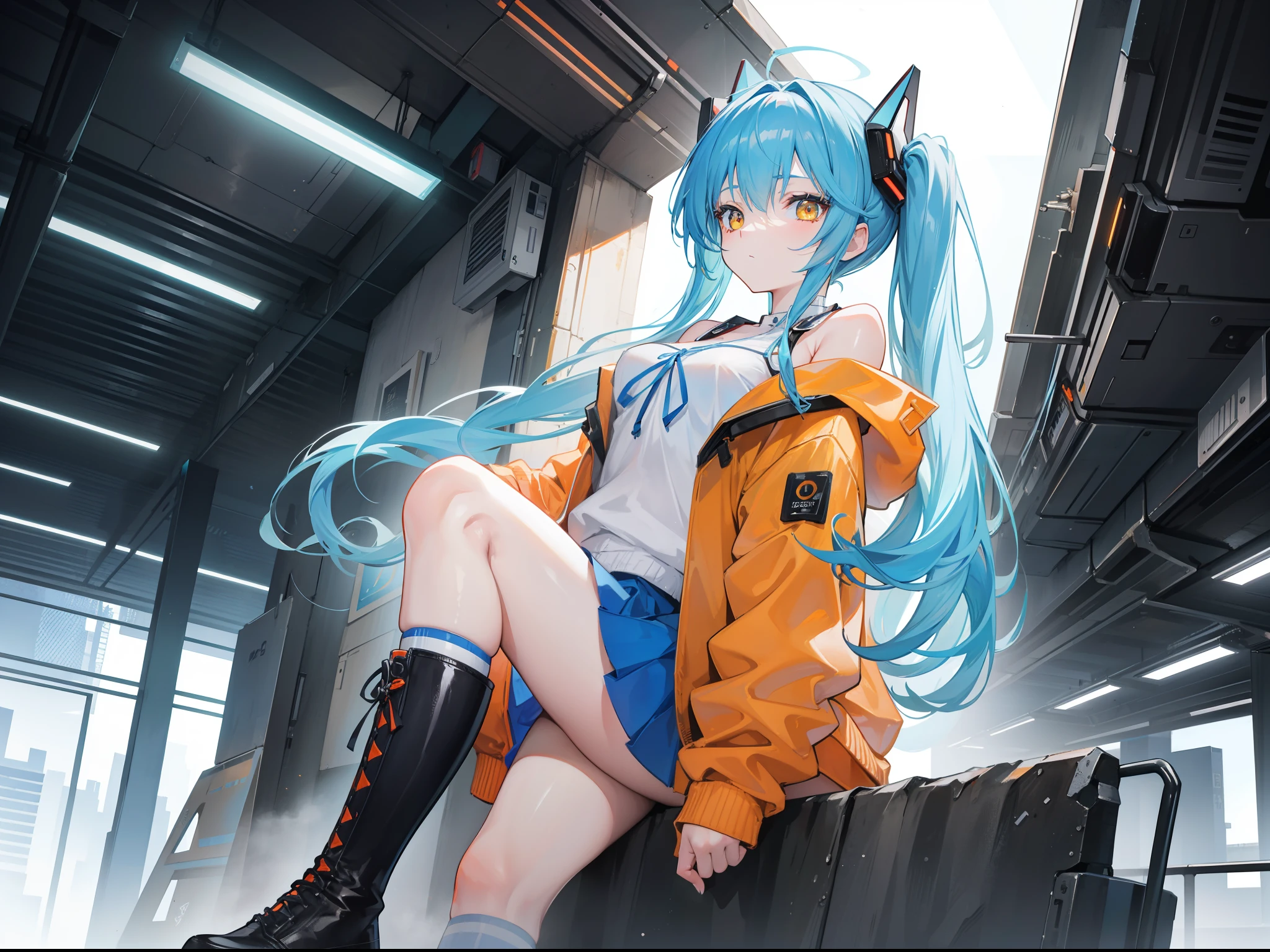 ​masterpiece，8K，超A high resolution，Detailed description，Smooth depiction，Accurate rendering，Composition of an inverted triangle，Light blue twin tails，Yellow eyes，Whitening skin，12-year-old Western-style beautiful girl in anime style，Cyberpunk style orange cardigan and black miniskirt，Metallic boots，Overhead scenery，Full body depiction，Splash Art Style，