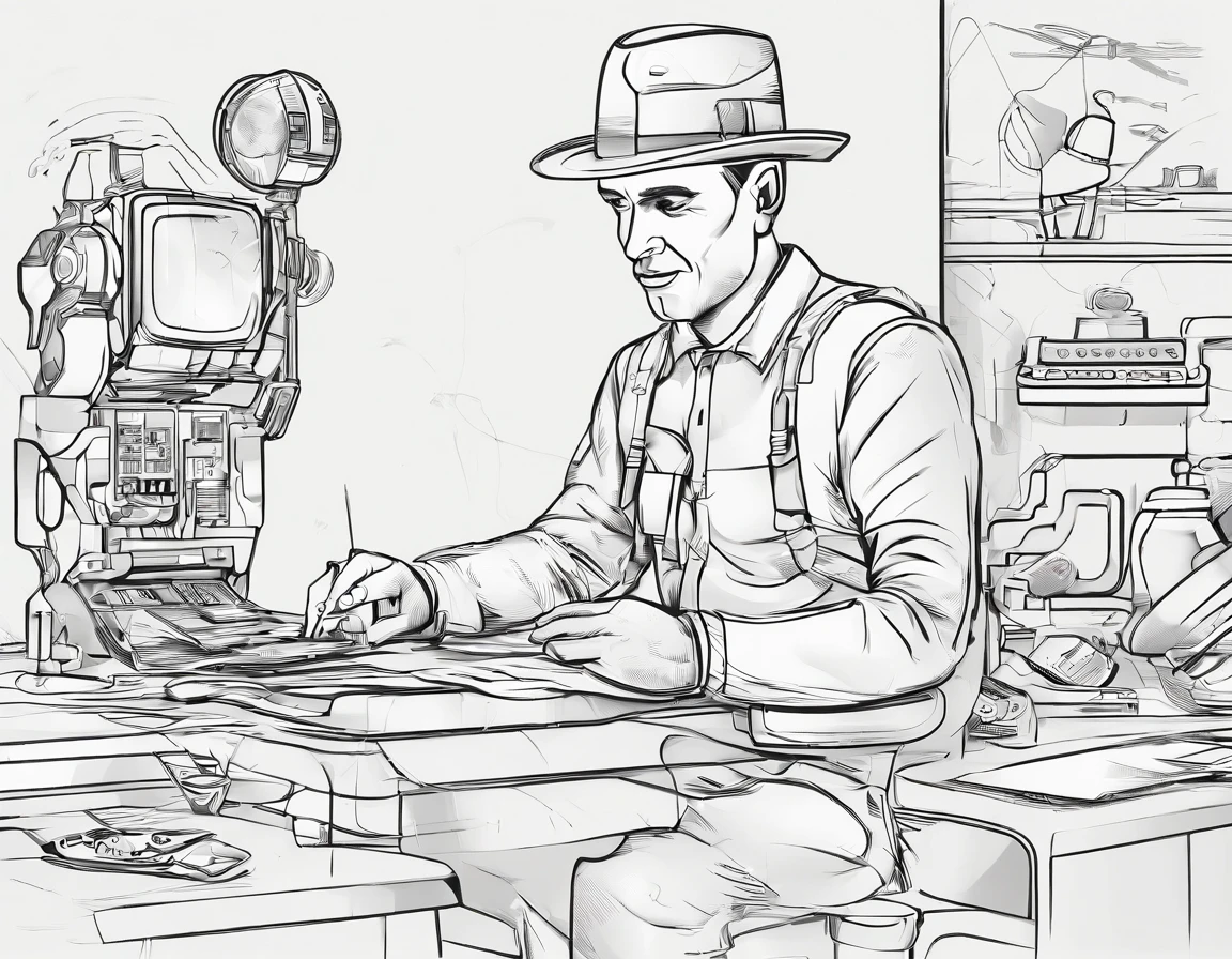 Futuristic man with a cartoon touch in the middle、Taking advantage of the margins of the screen, designer jumbled machines, tools, and other industrial objects are placed around the person.。Make each line clear so that it is easy to clear later
・ Color is black and white grayscale、In a cartoonish style to clarify the lines