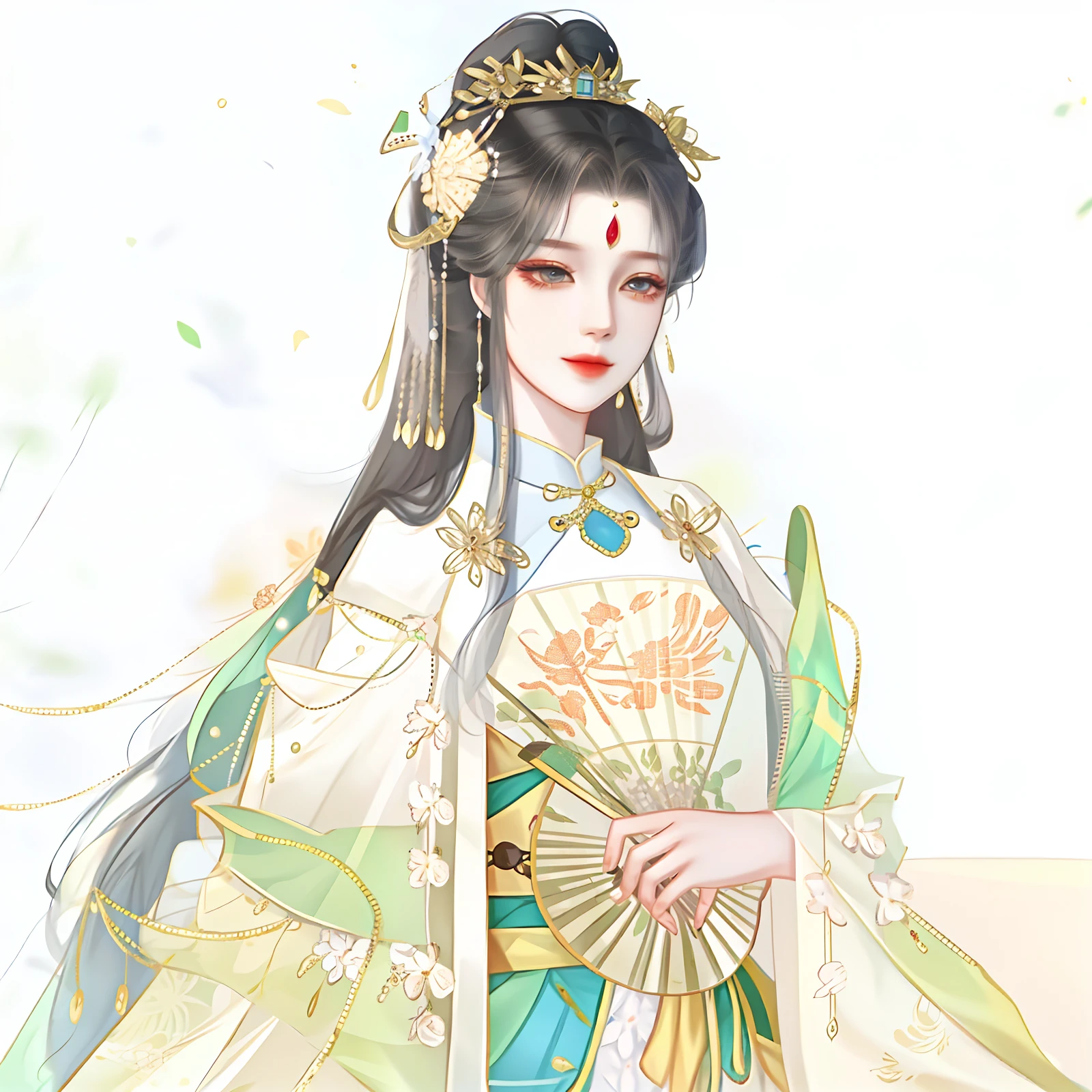 Anime woman wearing green and yellow dress，Take a fan, a beautiful fantasy empress, ((a beautiful fantasy empress)), Princesa chinesa antiga, Palace ， A girl in Hanfu, full-body xianxia, Inspired by Lan Ying, heise jinyao, Inspired by Qiu Ying, inspired by Ma Yuanyu, inspired by Li Mei-shu, Xianxia