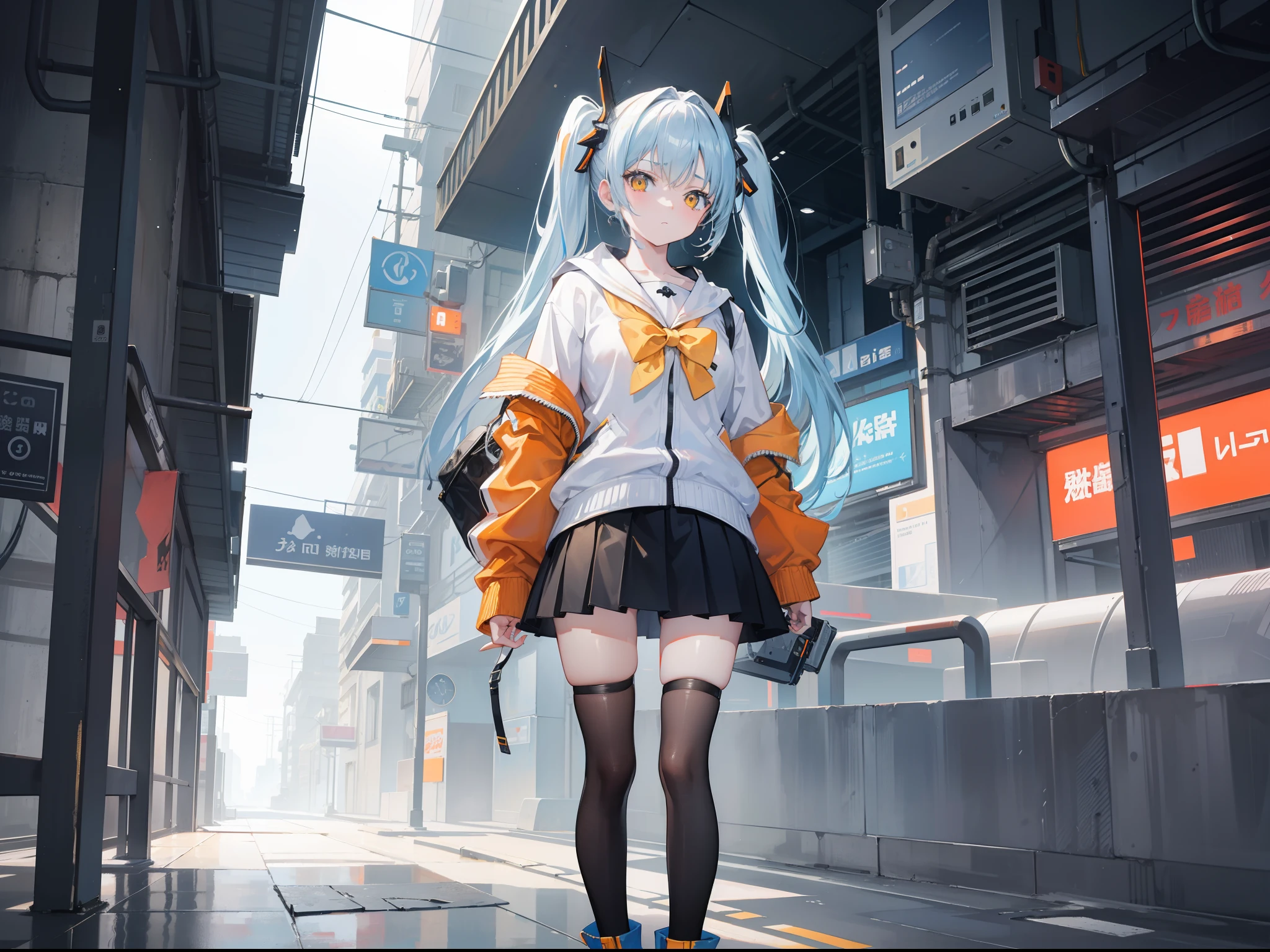 ​masterpiece，8K，超A high resolution，Detailed description，Smooth depiction，Accurate rendering，Composition of an inverted triangle，Light blue twin tails，Yellow eyes，Whitening skin，12-year-old Western-style beautiful girl in anime style，Cyberpunk style orange cardigan and black miniskirt，Metallic boots，Overhead scenery，Full body depiction，Splash Art Style，