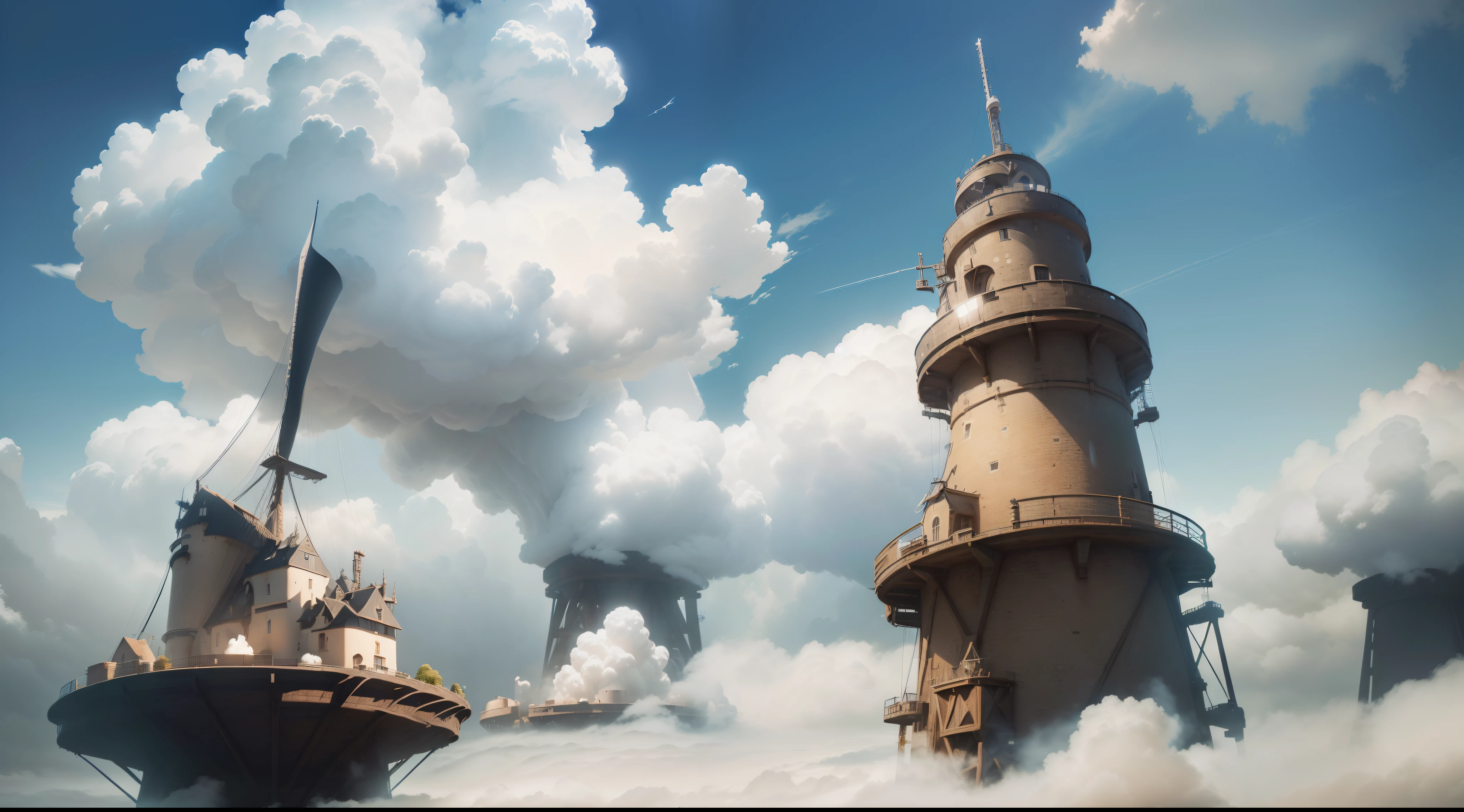 ((Voler au-dessus des nuages (Un village fabrique des nuages, ronde et flottante dans les nuages) paysage univers, planet)) master piece, A highly detailed hyperrealistic background, Mix between medieval and futuristic, Ultra-detail, super detailed, Lens Flare, Starlight, milky way, Grand Angle, grain de photo, 8k.