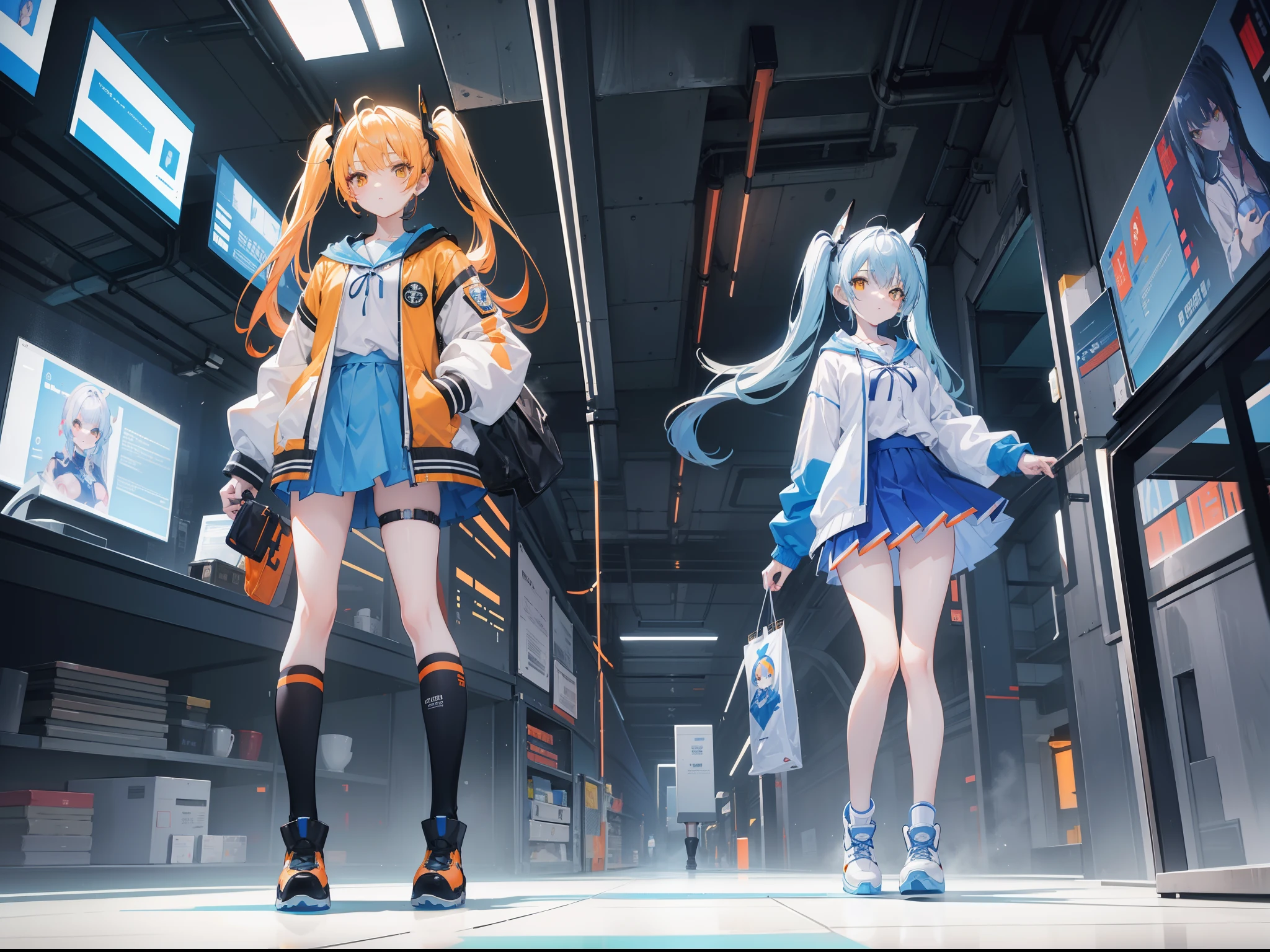 masterpiece,8K,超A high resolution,Detailed description,Smooth depiction,Accurate rendering,Composition of an inverted triangle,Light blue twin tails,Yellow eyes,Whitening skin,-yeld Wern-style beautiful girl in anime style,Cyberpunk style orange cardigan and black miniskirt,Metallic boots,Overhead scenery,Full body depiction,Splash Art Style,