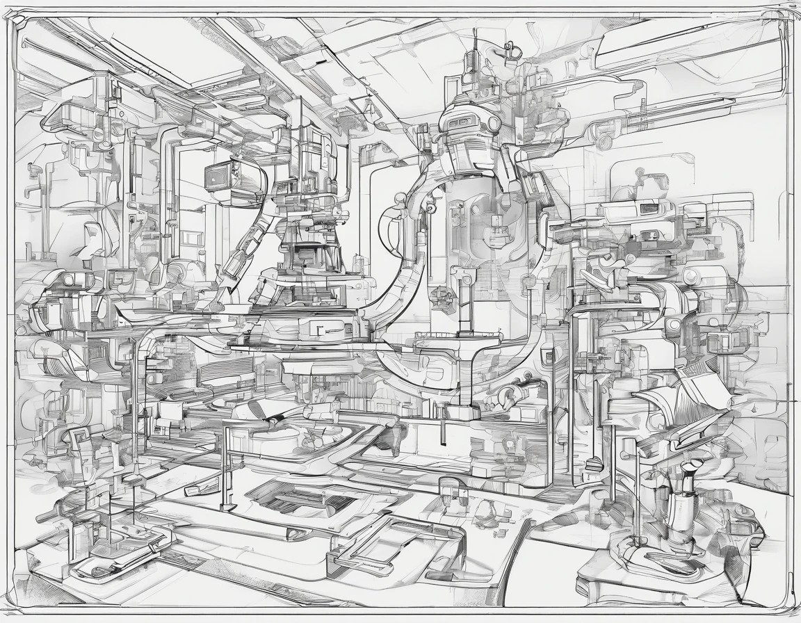 Futuristic man with a cartoon touch in the middle、Taking advantage of the margins of the screen, designer jumbled machines, tools, and other industrial objects are placed around the person.。Make each line clear so that it is easy to clear later
・ Color is black and white grayscale、In a cartoonish style to clarify the lines