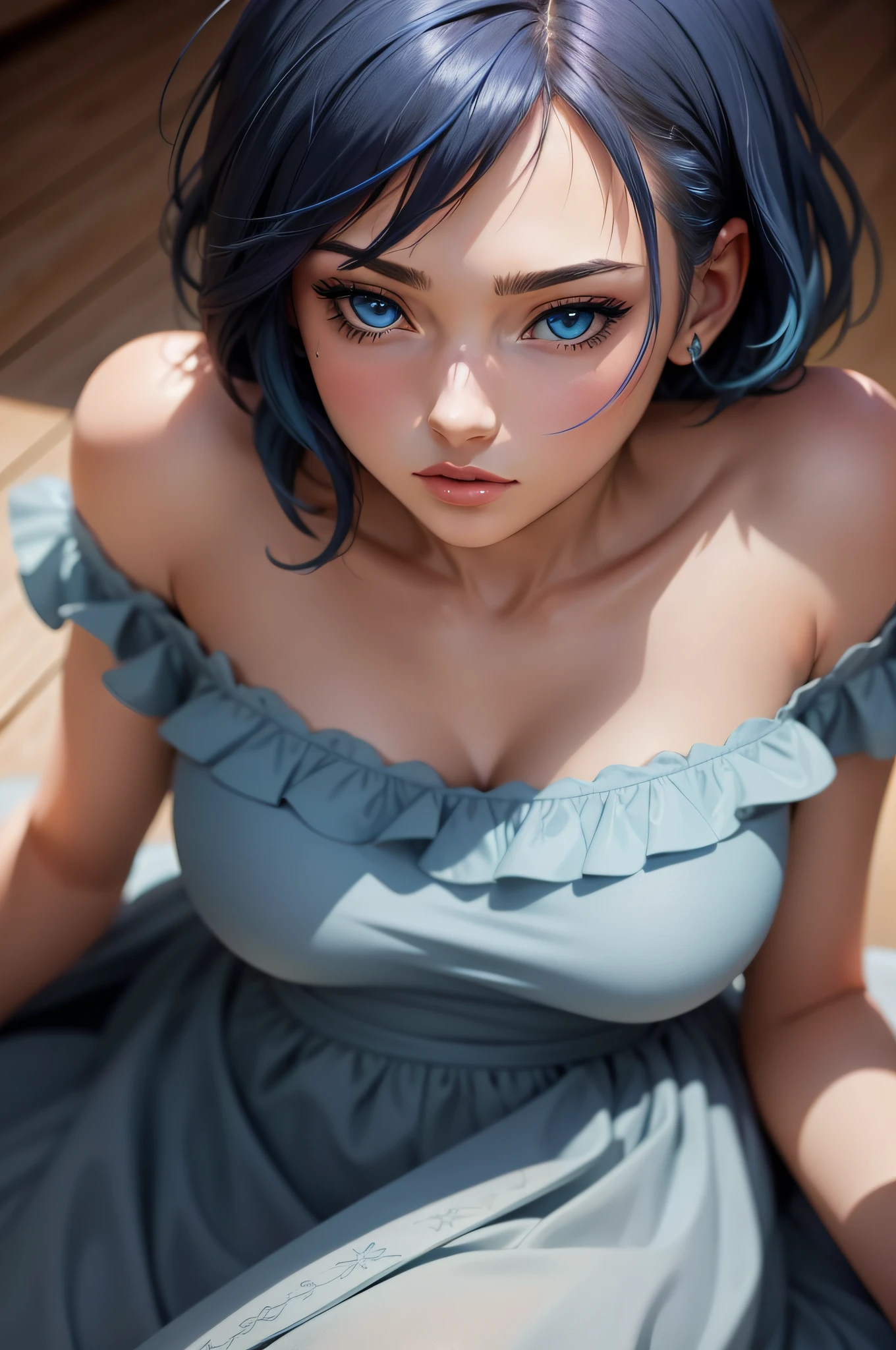 close up picture of anime drawing of a woman with blue hair and a blue dress, 1girl, solo, blue eyes, brown hair, lips