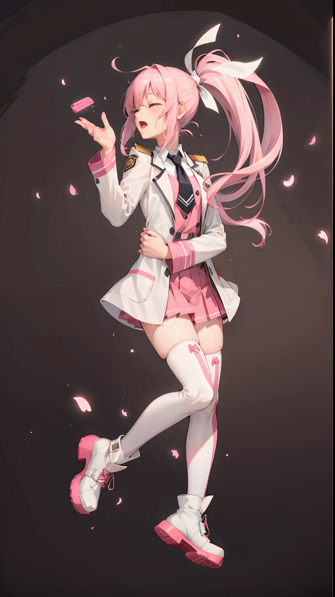 (Masterpiece:1.2), (Best quality:1.2), Highly detailed, Amazing, finedetail, Extremely detailed Cg Unity 8K wallpaper, score:>=60, Beautiful detailed eyes, Fine hair texture, Cute face, Beautiful Meticulous Girl, Extremely detailed eyes and face, Bright eyes,quickhands ,Shouju , The detailed hand, Slender beautiful legs, Cinematic lighting, Cowboy shot, 1girll, , Closed mouth, Pink hair, pony tails, Closed eyes, white hair ribbon, White coat, uniform , (pauldrons:1.2), pink necktie, Pink dress, Pleated skirt, White knee boots, Teal theme,