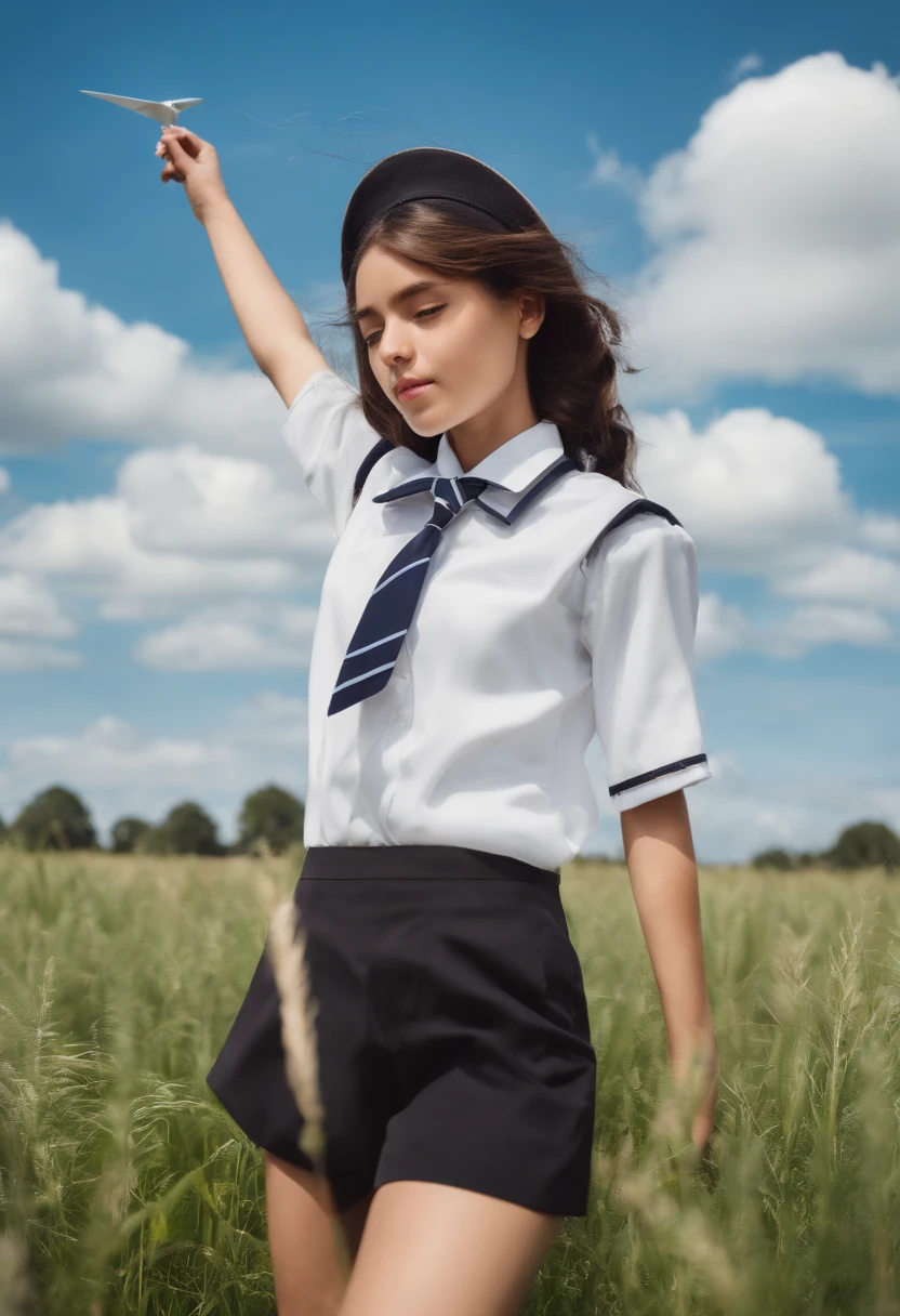 field,grassy fields,teens girl,Paper airplanes,with blue sky and white clouds,Middle school uniforms,cabelos preto e longos,
