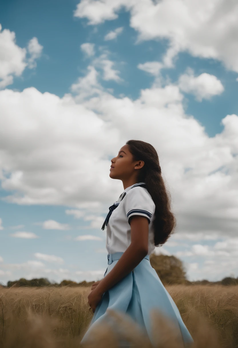field，grassy fields，teens girl，Paper airplanes，with blue sky and white clouds，Middle school uniforms，cabelos preto e longos，