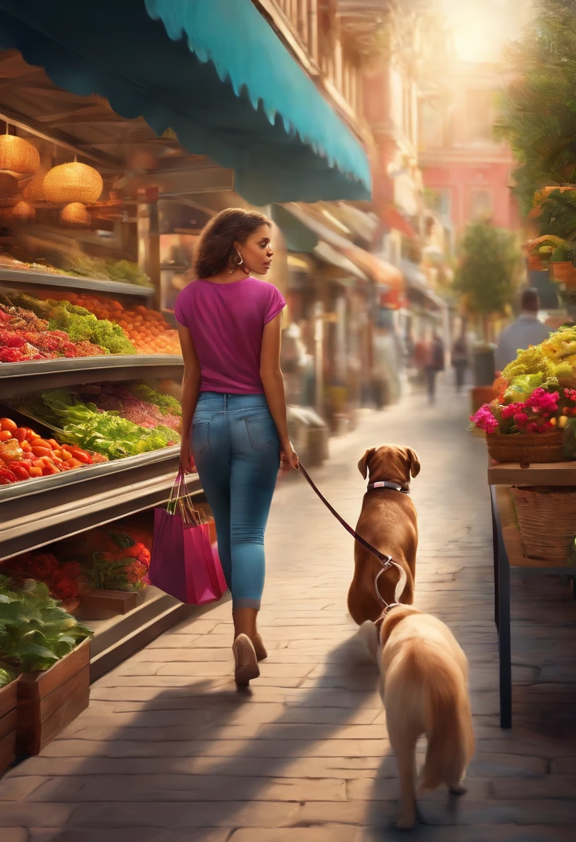 A girl shopping with a dog on a leash