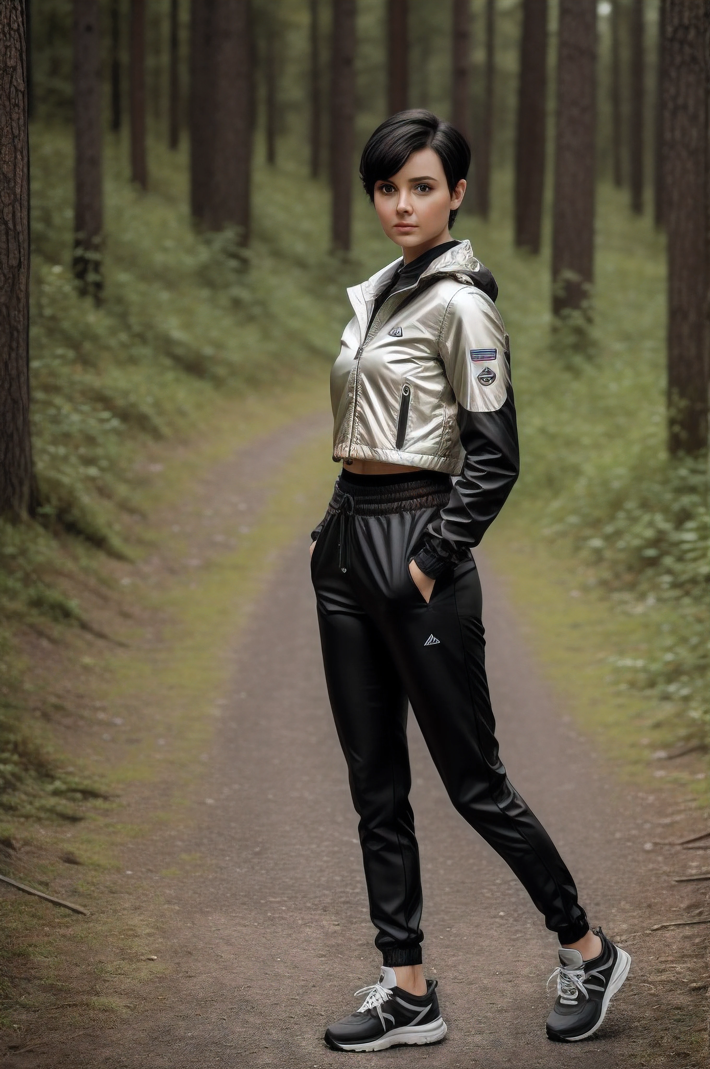 highest image quality, masterpiece, very high resolution, (fidelity: 1.4), photo, best quality, 8k, masterpiece: 1.3, ultra-realistic, 1 android girl, poses for a photo, fairy-shaped black short hair, head like Anastasia ovchinnikova , black short hair, short black hair cut fairy style, with short hair, head like Olga Buzova, short black hair, alina ivanchenko, short dark haircut, fairy haircut, fairy haircut, Julia Gorokhova, short dark hair, Masterpiece, (short black hair), outdoors, best quality, very high resolution, raw photo, bright diffused light, white sports jacket, black tight sports pants, hiking boots,