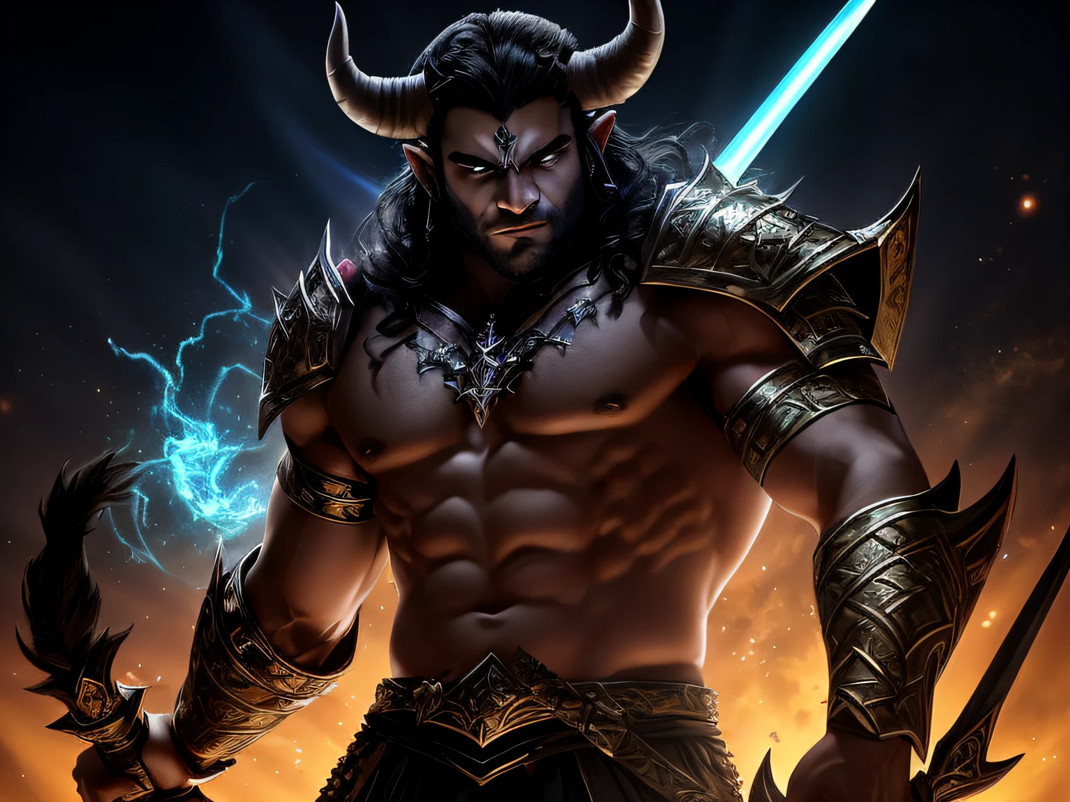 A closeup of a man with a horned head and a sword, Fit male demon with white horns, male djinn man demon hybrid, djinn man male demon, Minotauro em armadura antiga, epic fantasy HD art style, Epic Fantasy Digital Art Style, Minotauro Guerreiro, muscled humanoid balrog demon, legendary god holding spear