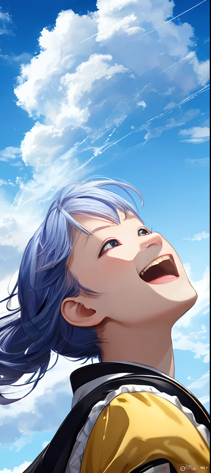 8K分辨率,tmasterpiece,Need,clear blue skies,The sky is full of clouds,Beautiful fluffy clouds,one-girl,,Looking Up The Sky,Shout to the sky,Clear excited face,Want to fly,on cloud,Spectacular creative scene