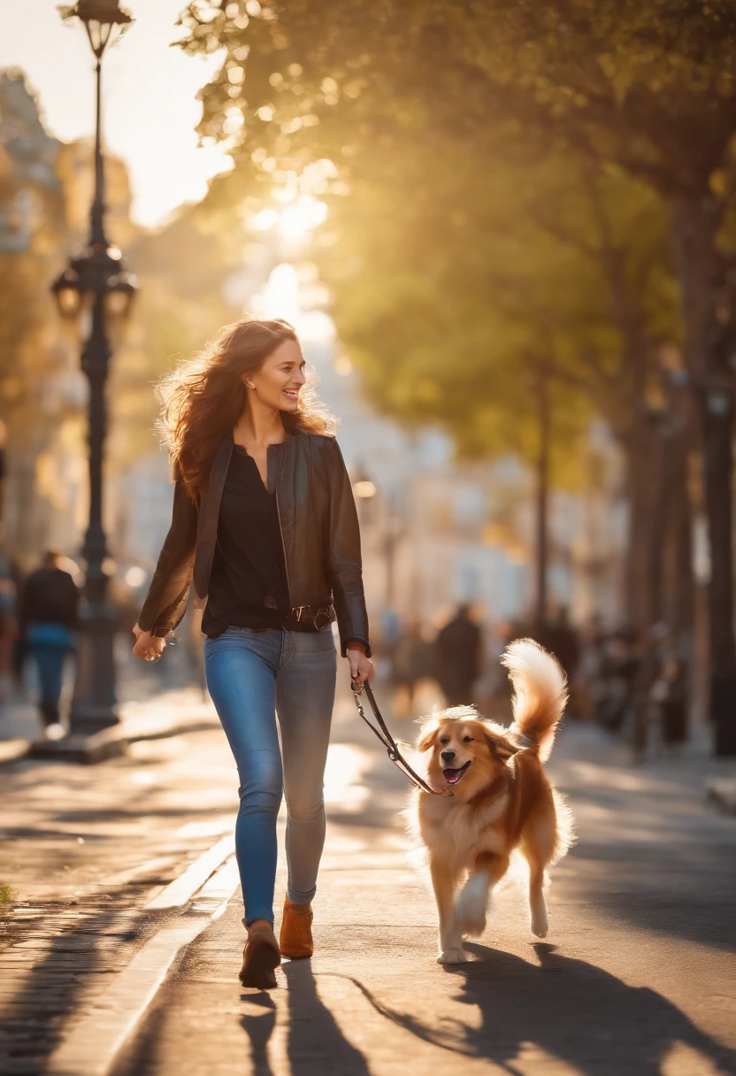 a girl walking her dog,illustration,detailed drawing,playful mood,vibrant colors,street scene,urban background,leisurely stroll,happy atmosphere,joyful moment,medium:1.2,ultra-detailed,realistic,photorealistic,cute dog breed,pretty smile,warm sunlight,creatively composed frame,shadows and highlights,professional pic,puppy's wagging tail,beautiful eyes,long flowing hair,stylish outfit,bright sunny day,bokeh,