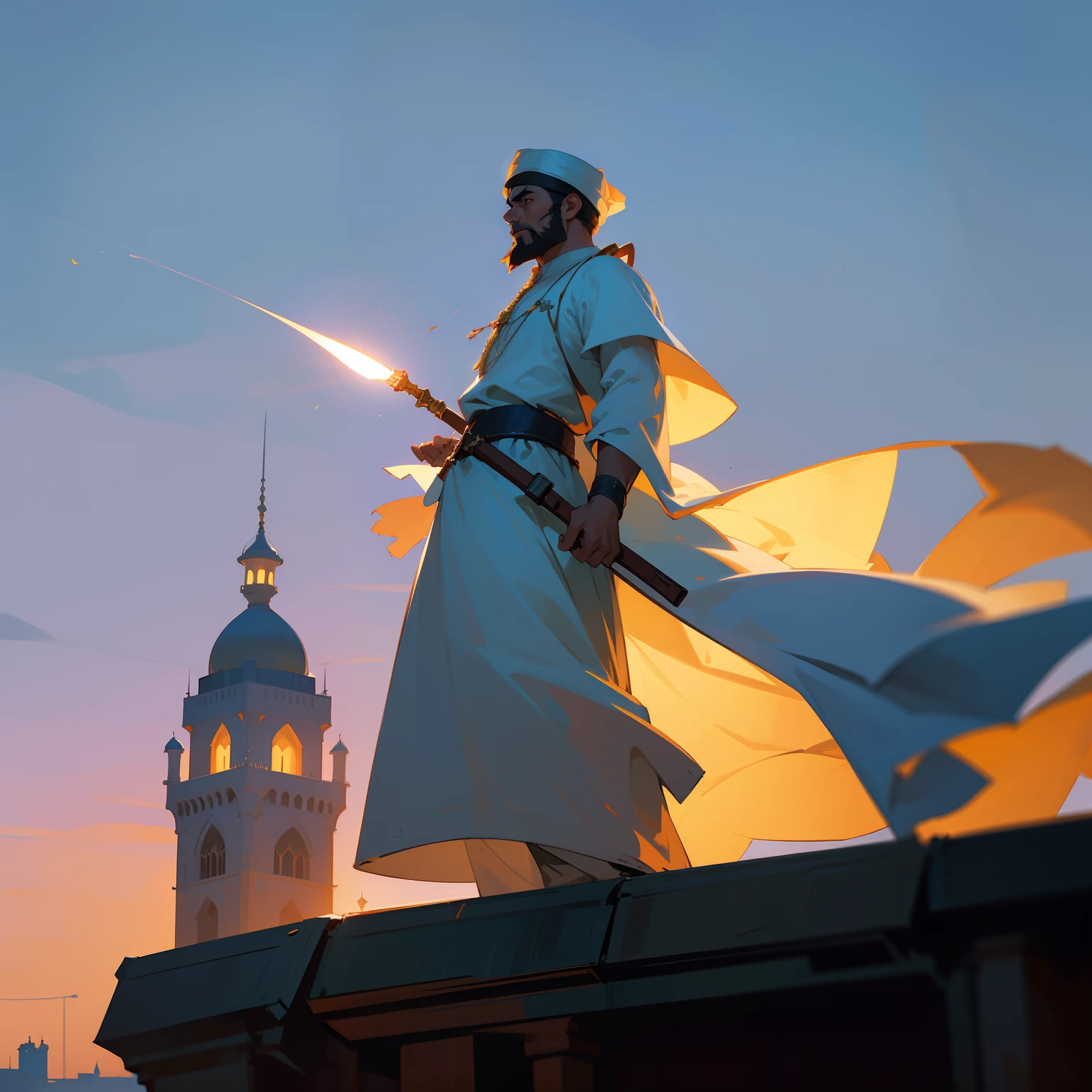 muslim man in white dress standing on tower at night, focus on face, close up, islam, pakistan, cinematic scene, 8k, ultra realistic, Best Picture Quality, action pose