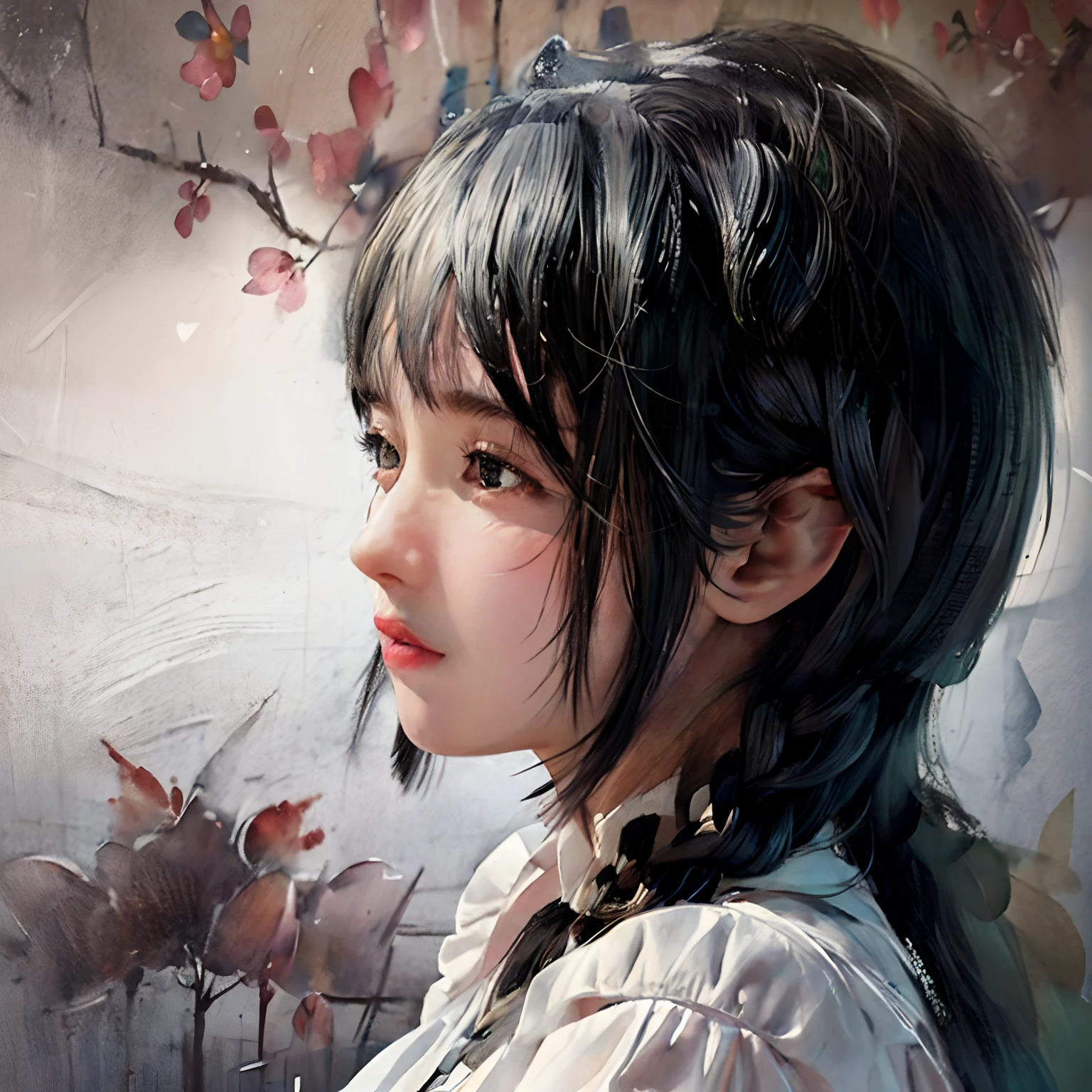(The upper part of the body:1.5)、(White background:1.4)、((Tachie))、Original、(illustratio:1.1)、(top-quality)、(masterpiece:1.1)、(Ultra detailed CG unified 8k wallpaper:1.1)、(colourfull:0.9)、(panoramic shot:1.4)、(full body Esbian:1.05)、(独奏:1.2)、(Ink splashing)、(Color splattering)、((watercolor paiting))、Crisp focus、{ 1 Girl Standing},flowers background,plein air,boulders, Look at the viewer、make happy expressions,Soft smile,pure,beautiful detailed face and eyes、beautyfull intricacy clothing decorative pattern details、Dark hair、Black eyes、colorwater