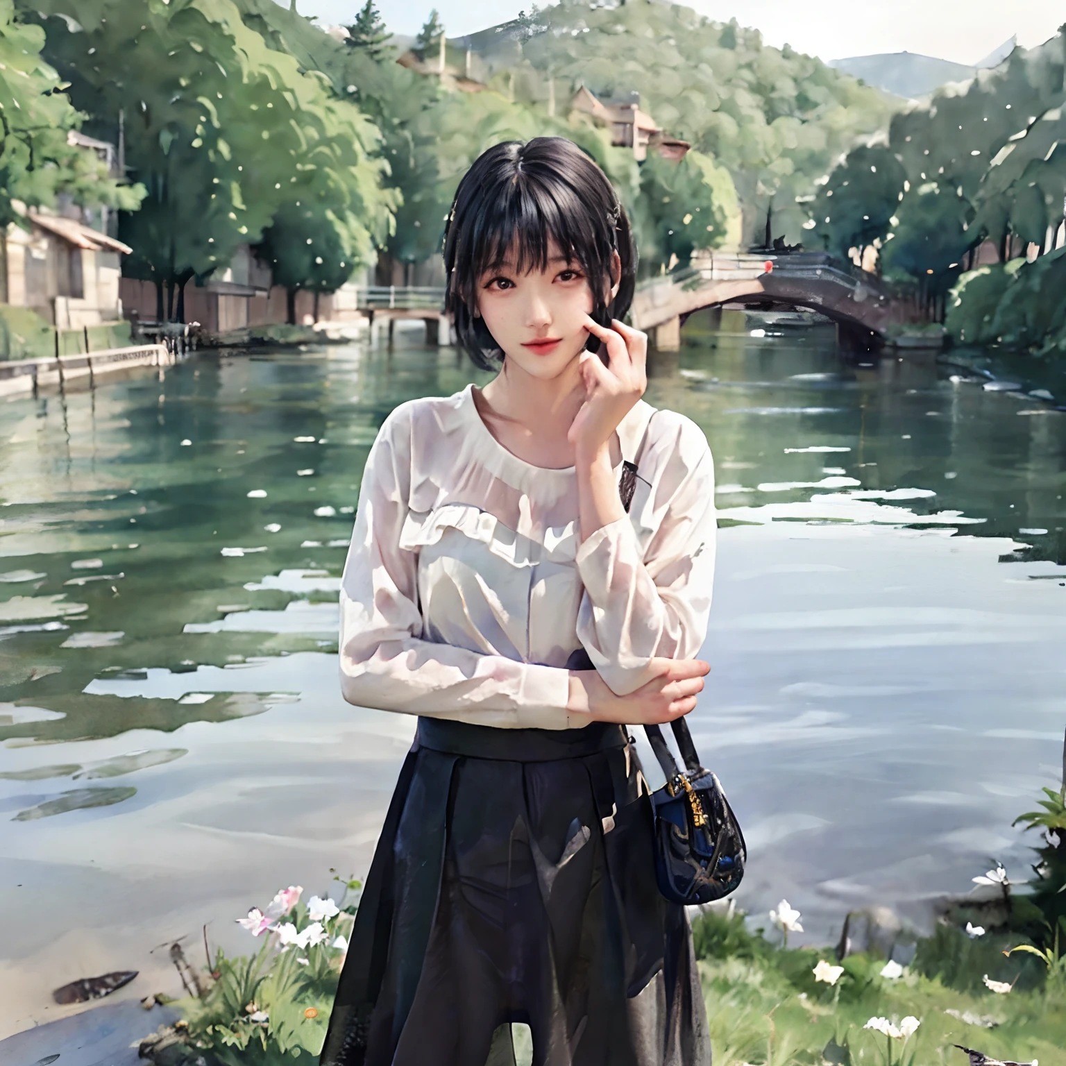 (The upper part of the body:1.5)、(White background:1.4)、((Tachie))、Original、(illustratio:1.1)、(top-quality)、(​masterpiece:1.1)、(Ultra detailed CG unified 8k wallpaper:1.1)、(colourfull:0.9)、(panoramic shot:1.4)、(full body Esbian:1.05)、(独奏:1.2)、(Ink splashing)、(Color splattering)、((watercolor paiting))、Crisp focus、{ 1 Girl Standing},flowers background,plein air,boulders, Look at the viewer、make happy expressions,Soft smile,pure,beautiful detailed face and eyes、beautyfull intricacy clothing decorative pattern details、Dark hair、Black eyes、colorwater