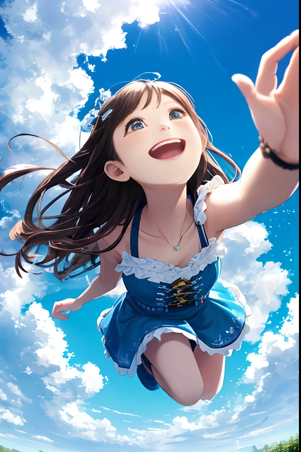 8K分辨率，tmasterpiece，Need，clear blue skies，The sky is full of clouds，Beautiful fluffy clouds，one-girl,，Looking Up The Sky，Shout to the sky，Clear excited face，