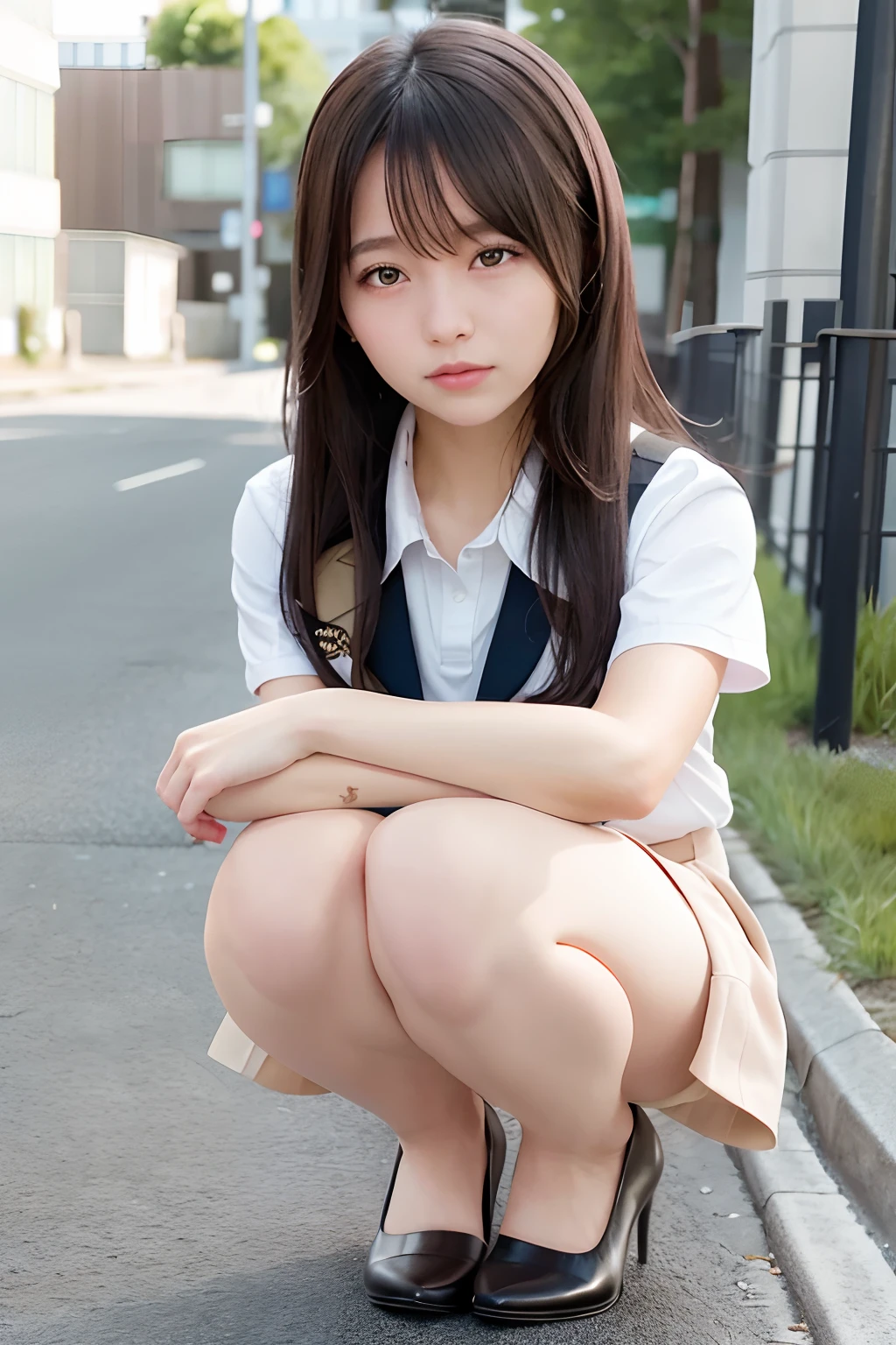 (Best-quality, Masterpiece, Ultra-High-Resolution, (Photorealistic:1.4), Raw Photo, depth of field, professional lighting, perfect anatomy, extremely details), 1girl, 15-years-old, the most famous Japanese idol, ((extremely cute face like the most popular Japanese idol, ((extremely cute and extremely big eyes)), extremely beautiful hair, extremely beautiful skins), extremely cute long-eyelashes, extremely cute lips), extremely beautiful thighs, extremely beautiful legs,
(squatting on street),
((wearing Japanese-high-school-uniform with summer-design, pleated-skirt, loafer, gorgeous-underwear))
