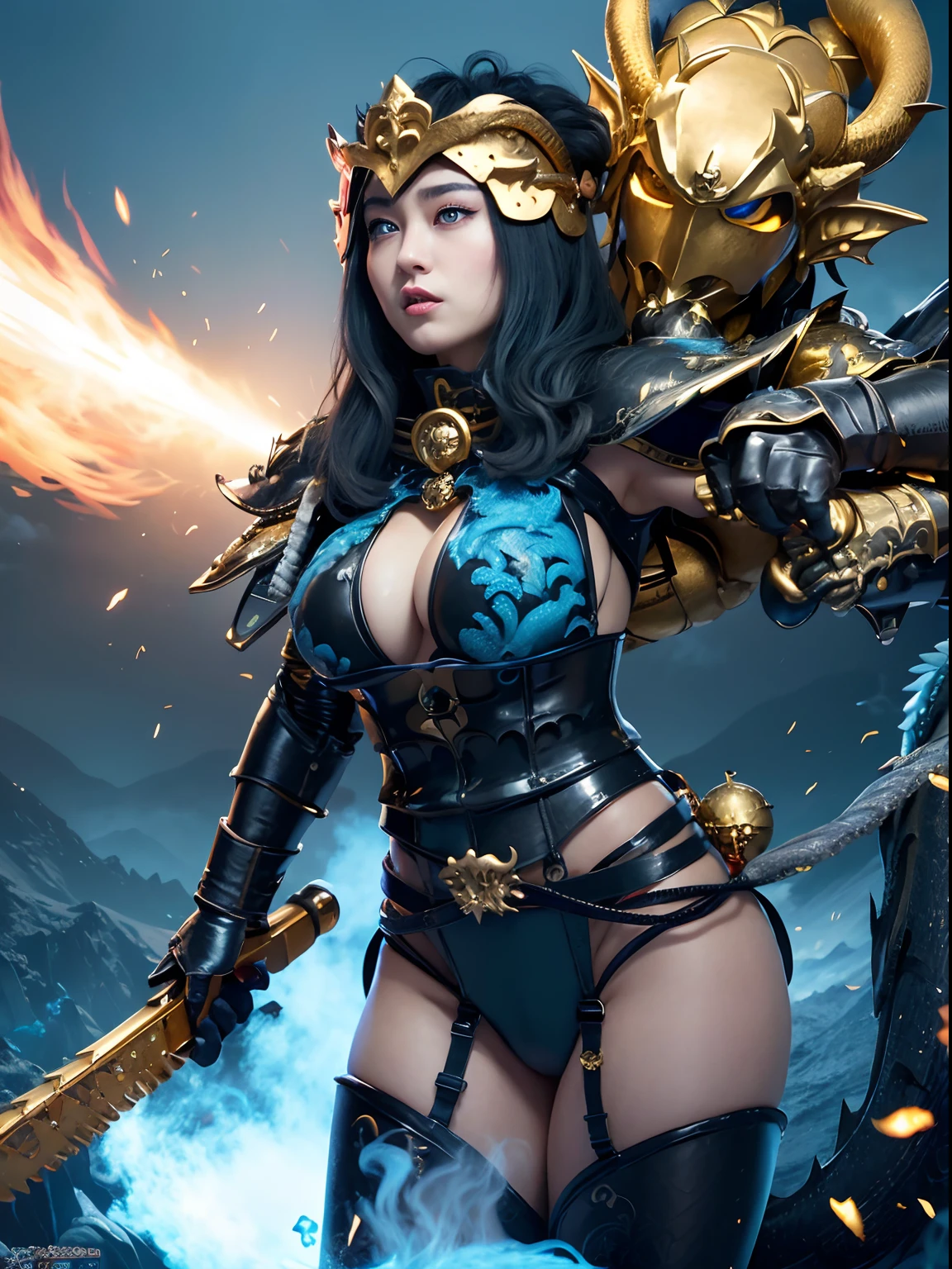 Professional , masterpiece、top-quality、photos realistic , depth of fields 、(Dragon Black Metal Body:1.9),(Matte Blue Black、(cleavage of the breast)、Dragon Gold Weapon、(Micro Bikini Armor:1.4),Gorgeous gold weapons ,(Fight dragons)、Seductive look、(( Dragon's dense and gorgeous sword)) , (demonic wings) ,Detail and gorgeous crown、((a blond))、(Castle background)、((Gangle's forest background))、Beautiful Caucasian beauty、1a person、dynamic ungle,(((Detailed and ornate dragon helmet)))、Smaller head、A smile、Castle background、Thin and beautiful female hands、cleavage of the breast、Soldier in iron armor on background、Mystical expression、Light Effects、intense fighting、Wind-effect、magic circles、With the legendary magic wand、Dragon's tail、explosions、