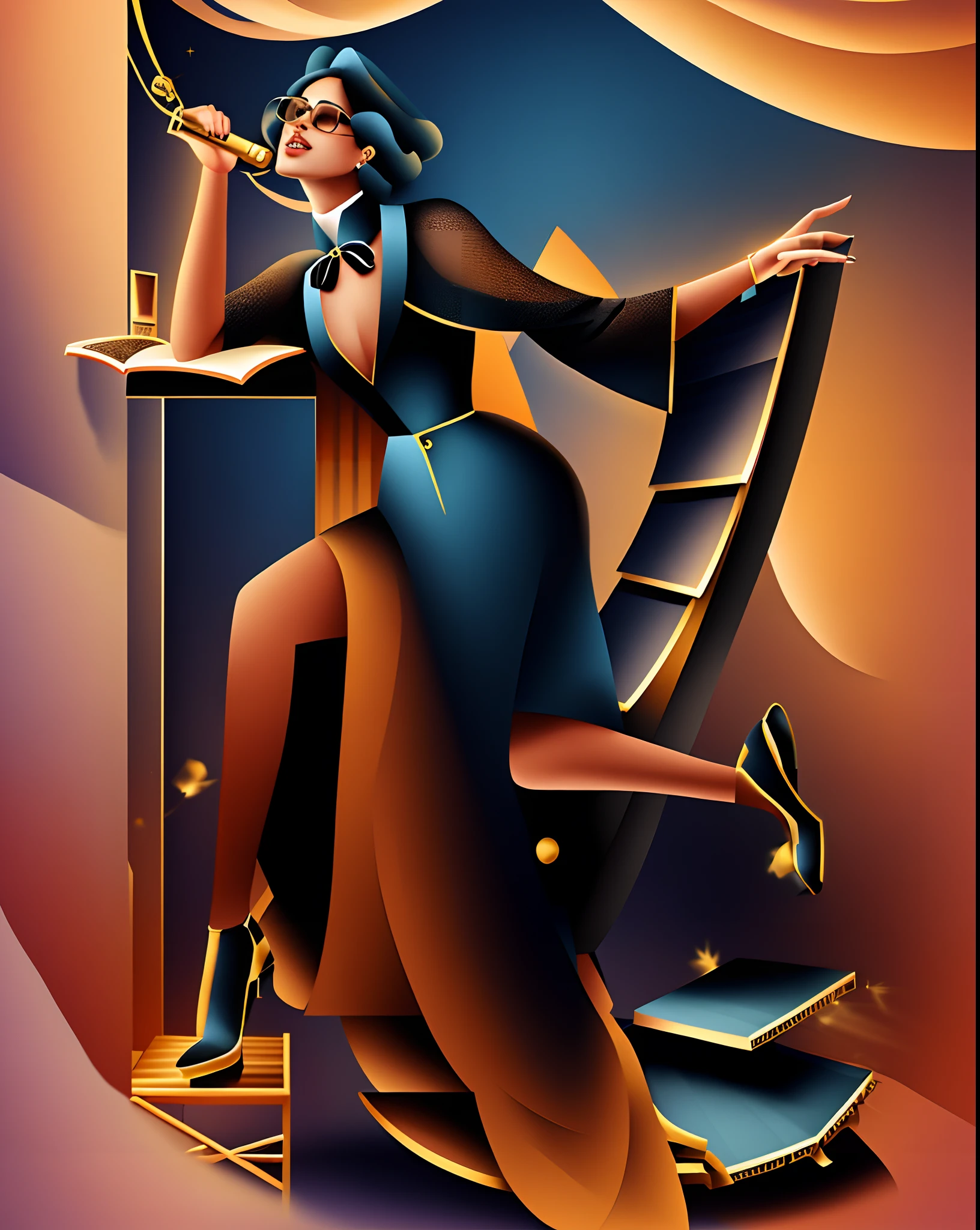 The woman in black sits in a chair with microphone and microphone, Image from《Vogue》Magazines, official vuitton editorial, 《Vogue》Official editorial, editorial photo from magazine, standing on top of a piano, author:Carlo Niederer, author:Bob Singer, A scene from the《Vogue》Magazines, fashion editorial, author:Adam Sachs, 7 0 s vibe, author:Carey Morris, standing on a ladder