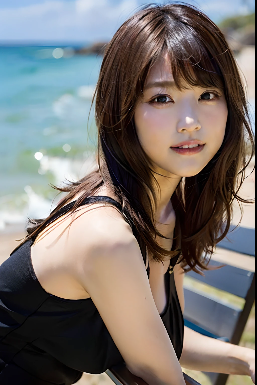 (8k、Raw photography、highest qualityr、tmasterpiece:1.2)、(Realismo Hentail、Fotorrealista:1.37)、Ultra - detallado、超A high resolution、1 girl in、Ver el espectador、Hermosa cara detallada、una sonrisa、Encoge、(cintura delgada) :1.3)、Ropa blanca de verano、Hermosa piel detallada、textura de la piel、cabello flotante、Cabello trenzado、Pro Lighting, em la playa con el mar de fondo、((Gafas cuadradas negras )) 、cuerpo completosbian、brown hair