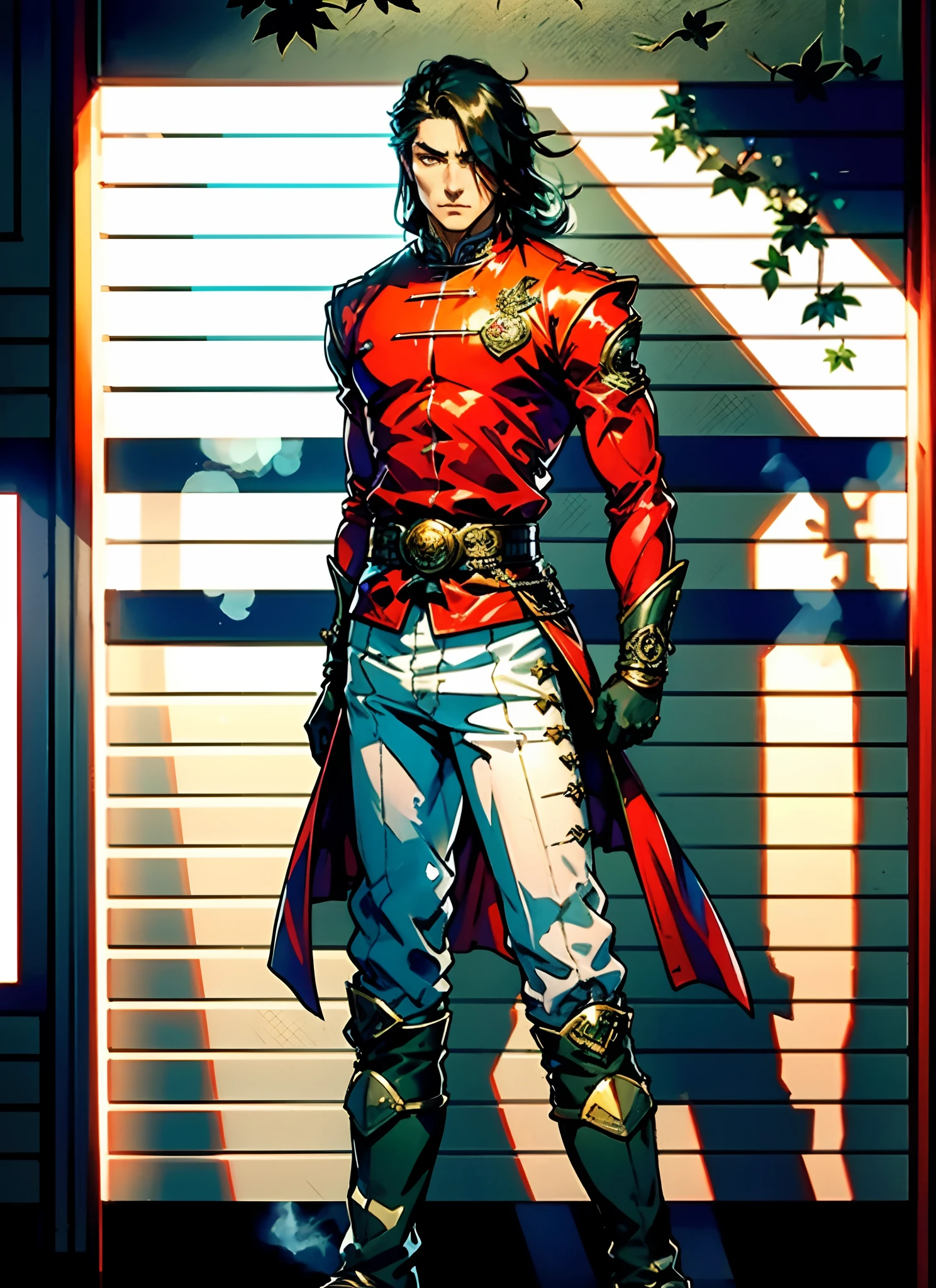A young man with flowing black hair, a tuft of golden hair that partially covers one eye, a handsome and resolute face, a trace of loneliness in his firm gaze, a two-piece outfit that combines fantasy and martial arts elements, consisting of a tight-fitting shirt and a jacket, the outfit features twisted flame patterns, with white as the main color and red and blue as secondary colors, wears gloves that also serve as wrist guards, dark pants, boots embellished with metal decorations, this character embodies a finely crafted fantasy-style Chinese martial hero design in anime, characterized by a sophisticated and mature manga art style, high definition, best quality, highres, ultra-detailed, ultra-fine painting, extremely delicate, professional, anatomically correct, symmetrical face, extremely detailed eyes and face, high quality eyes, creativity, RAW photo, UHD, 8k, Natural light, cinematic lighting, masterpiece:1.5