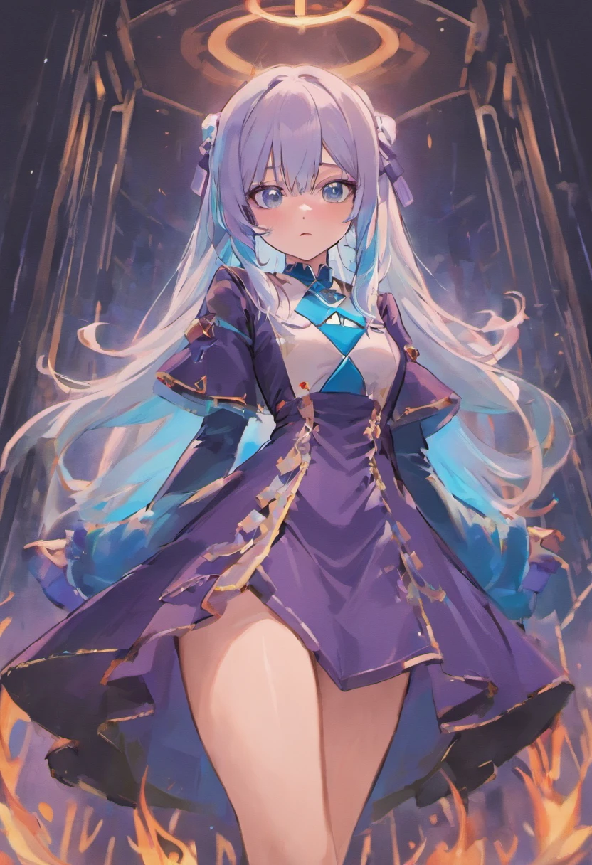 best qualtiy,超高分辨率,1girl,Female clergy,Clergy attire,lewd nun,Black and white nun costume,adolable,(Kpop idol),(aegyo sal:1),(Gorgeous Hair in Long Purple:1),(blue colored eyes),It looks like in front of the audience,The whole body of the character,facing the front there,highly detailed exquisite fanart, Great character design,anatomy correct,highly detailed character,Stiletto heels,Bare legs,Western-style magic