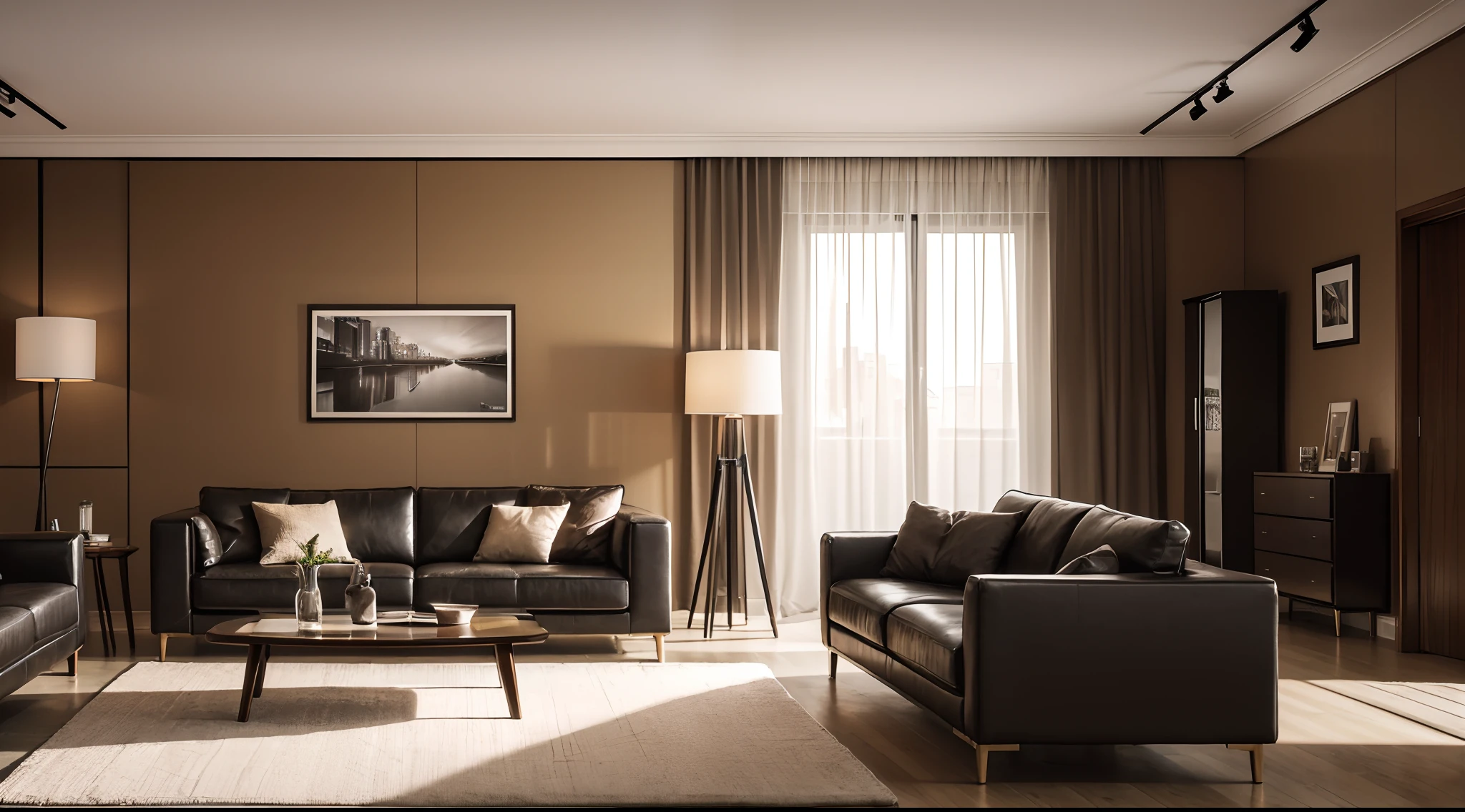 (living room furniture, simple modern luxury style: 1.2), full interior equipment, masterpiece, high quality, high detail, 8K, three sided view, studio lighting, cinema lighting, (large window full of light: 1.5)