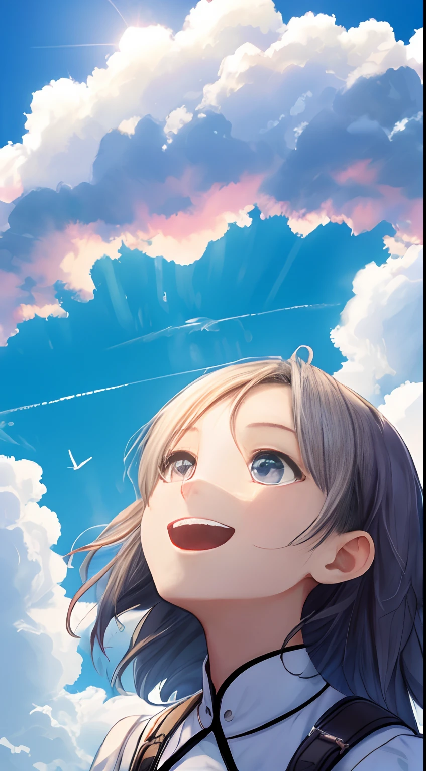 8K分辨率,tmasterpiece,Need,clear blue skies,The sky is full of clouds,Beautiful fluffy clouds,one-girl,,Looking Up The Sky,Shout to the sky,Clear excited face,pretty eyes,on cloud