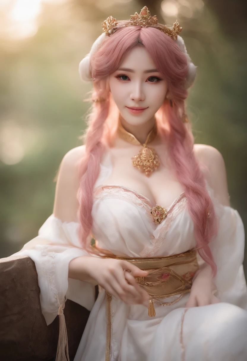 dreamgirl,Ancient Style Girl,The expression is charming,UHD resolution, looking at viewert,ssmile,By bangs,exposed bare shoulders,with pink hair,White stockings,cleavage,鎖骨,Crossed bangs,hair between eye,hair adornments,shairband,huge boob,Big BRE,Hanfu,anime figure