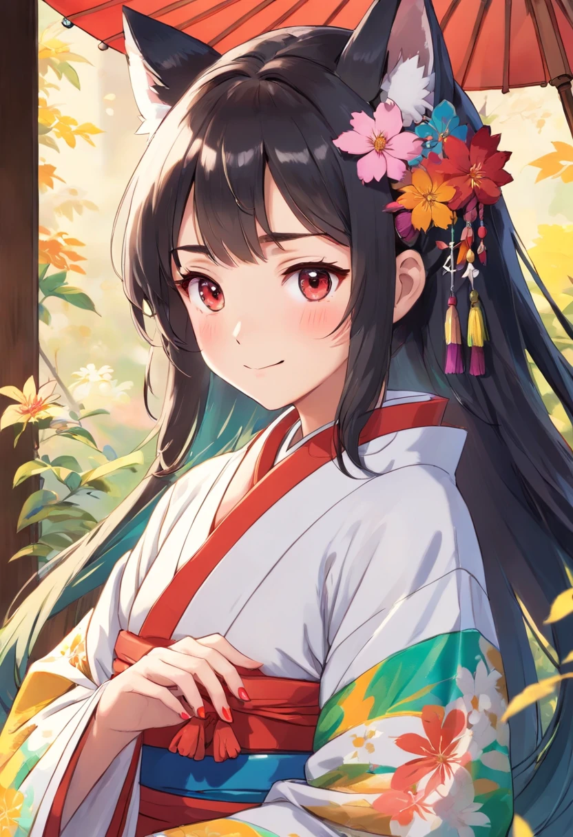 masutepiece, Best Quality,1girl in,(:3:1.3) ,(Close-up Face:1.4),animal ear fluff, Animal ears, Bangs, Black hair, blush, Closed mouth, earrings, with floral pattern, grey eyes, Hair Ornament, hair clips, hands on own cheeks, hands on own face, head rest, Komono, Jewelry, Kimono, Long sleeves, Looking at Viewer, print kimono, Red Nails, Smile, Solo, tassels, Upper body, Wide sleeves,
. Detailed drawings. Vivid colors. High image quality. --S 1000 --AR 4:5 - Rainbow 5